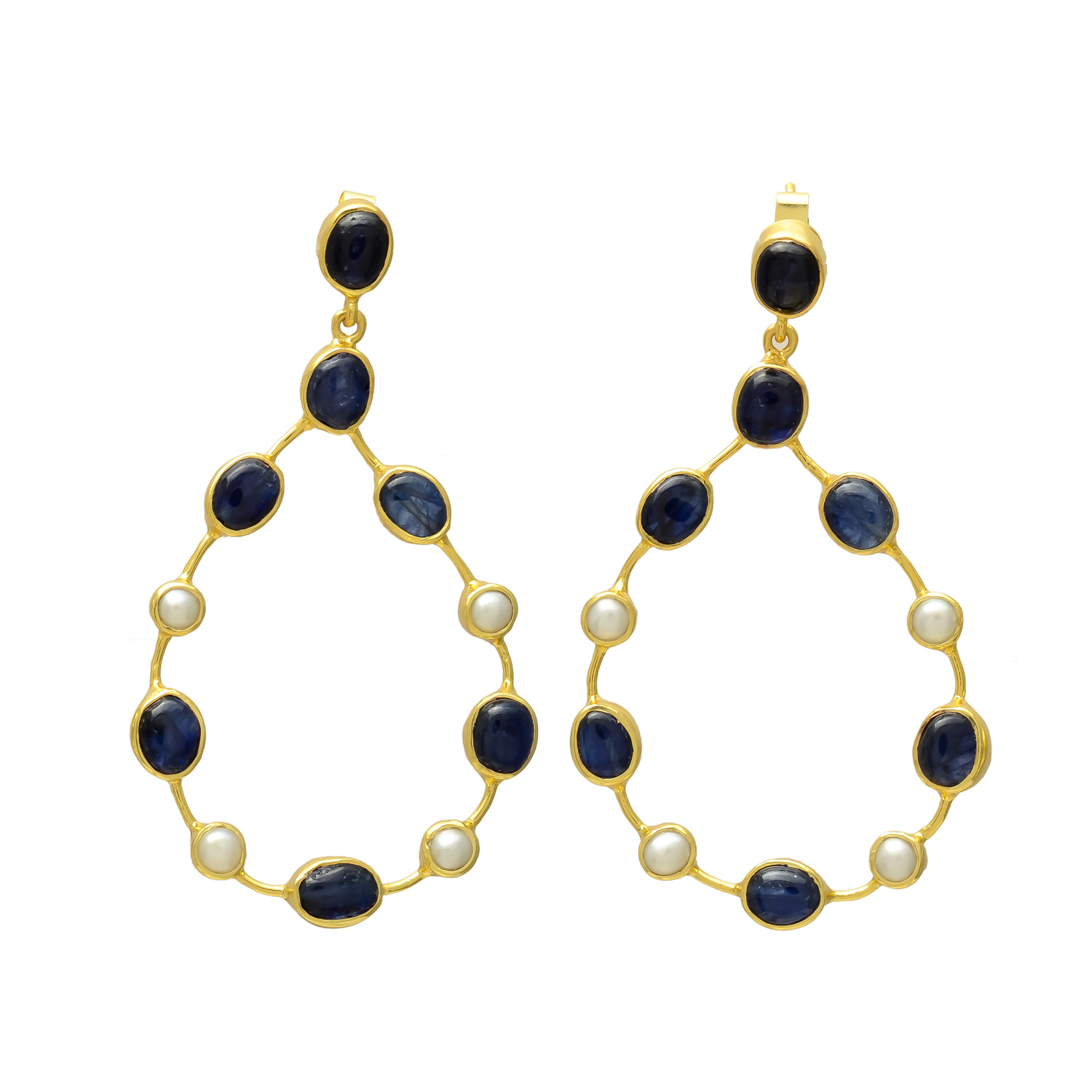 Sapphire & Pearl Teardrop Hoop Earrings in Gold-Polished Silver - Image 2