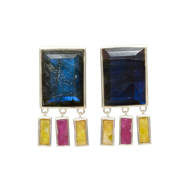 Labradorite Statement Earrings with Multicolor Gemstone Drops - Image 2