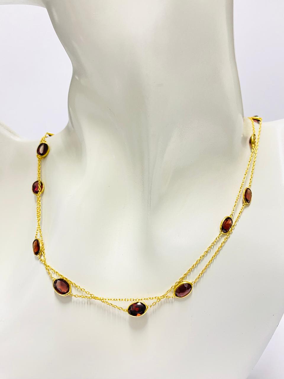 Natural Garnet Chain Necklace in Sterling Silver with Gold Polish