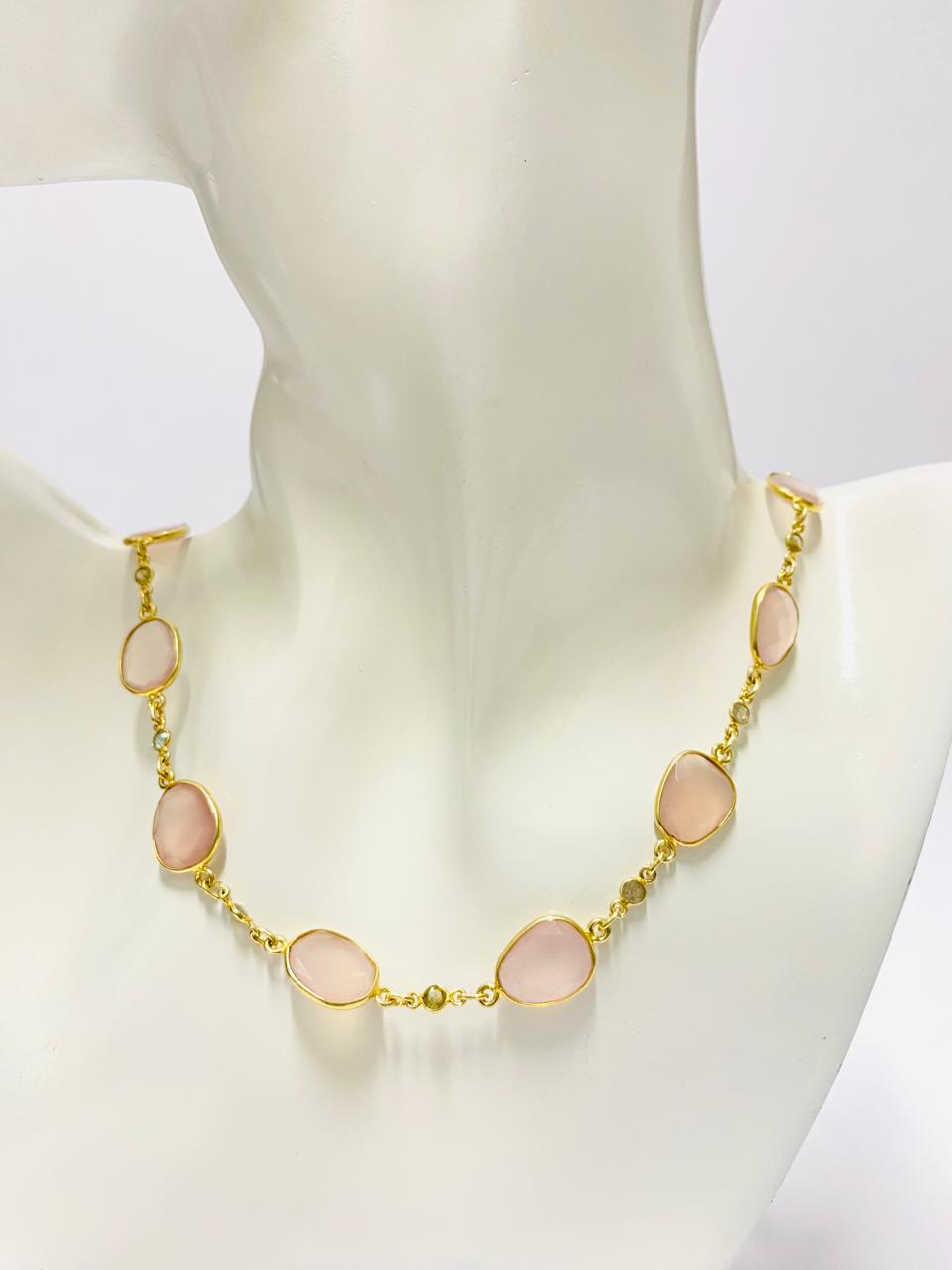 Elegant Rose Quartz Bezel Necklace in Gold Finish