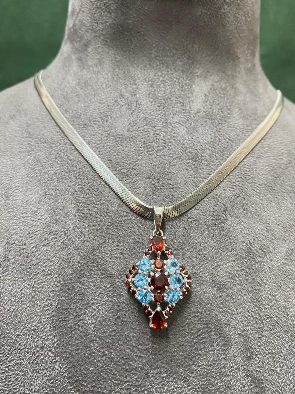 AAA+ Natural Blue Topaz & Garnet Pendant