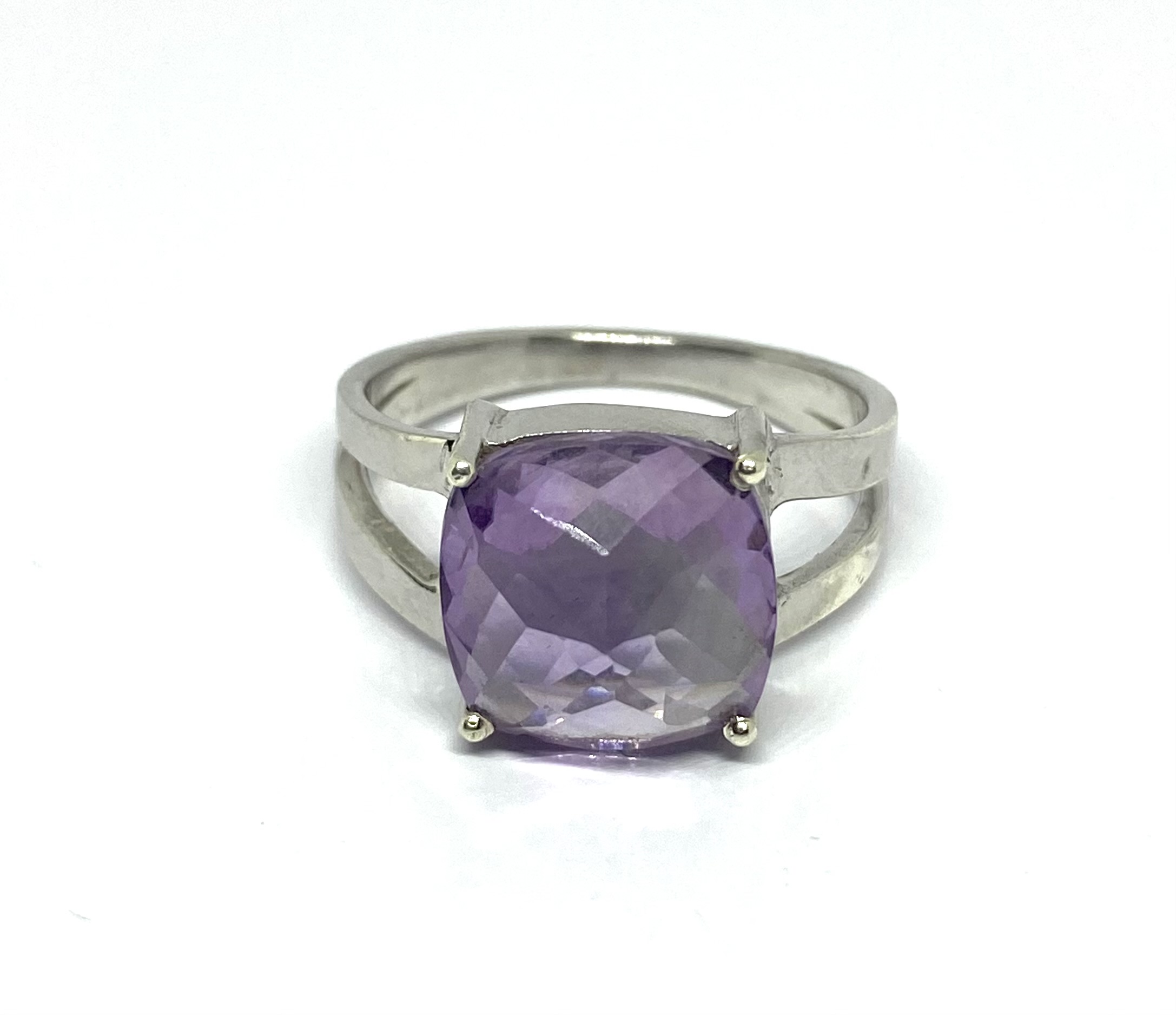 Faceted Amethyst Cushion Ring in Silver