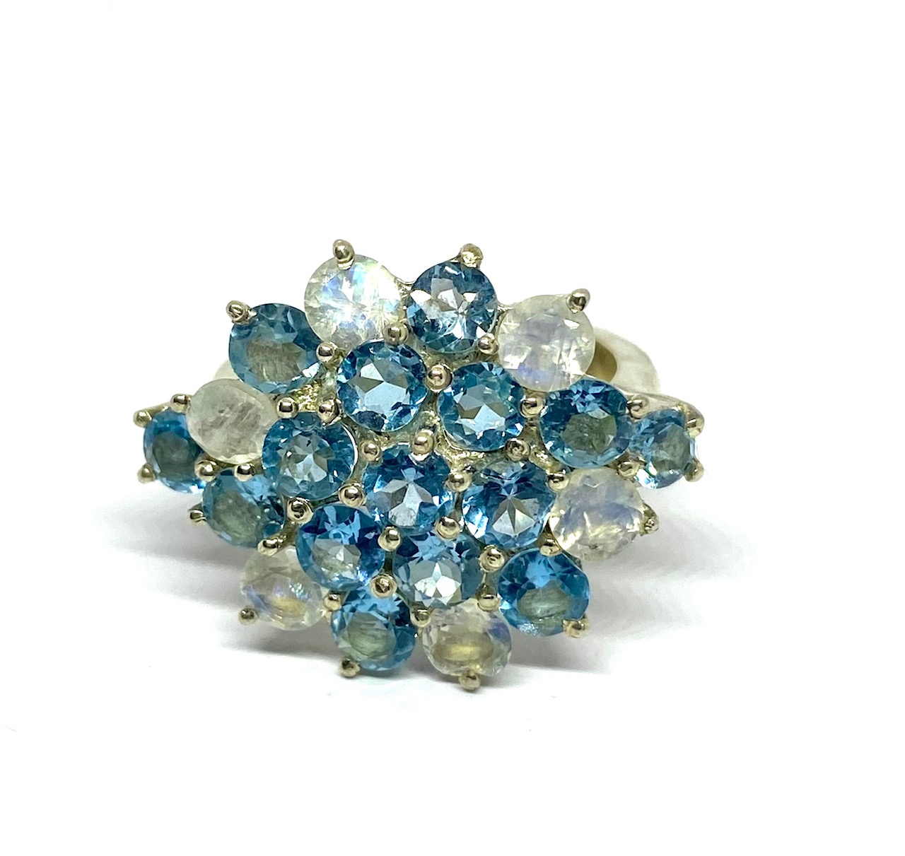 Blue Topaz and Rainbow Moonstone Cluster Ring - Image 2