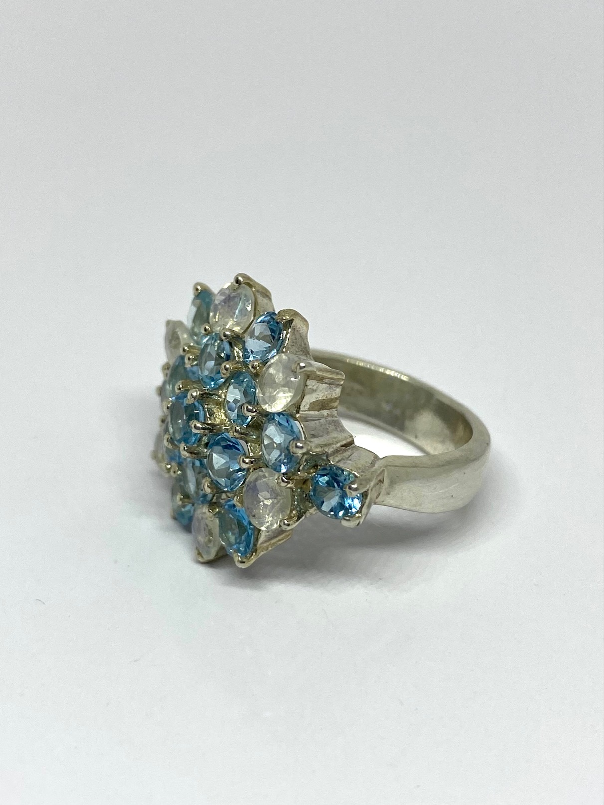 Blue Topaz and Rainbow Moonstone Cluster Ring - Image 4