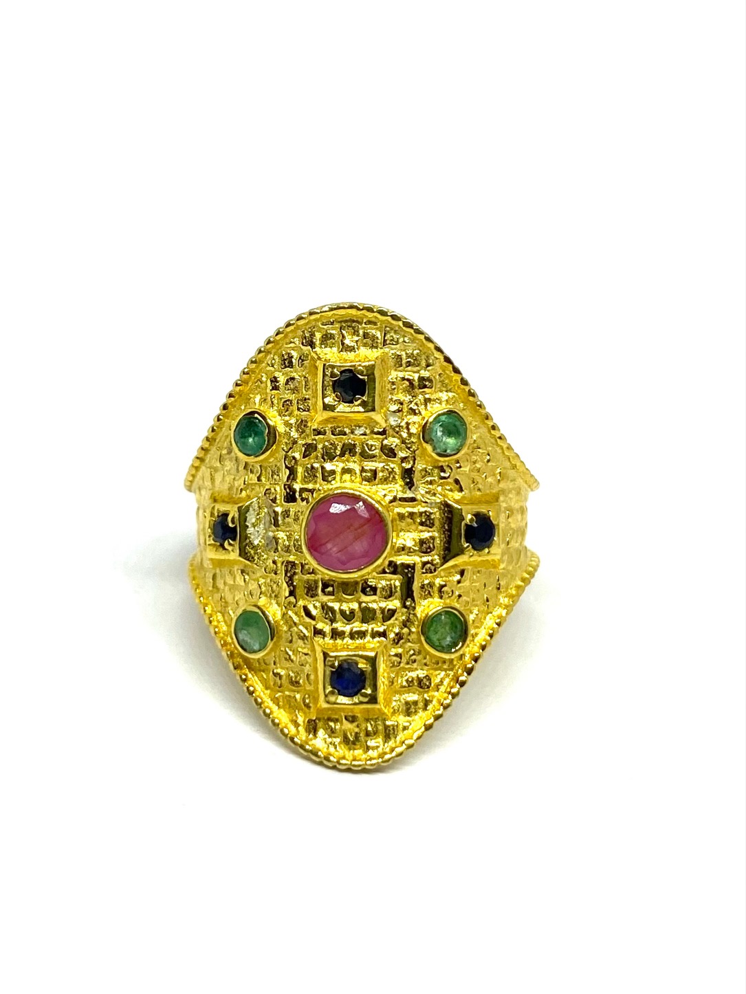 Ruby & Emerald Shield Ring in Gold-Polished Silver