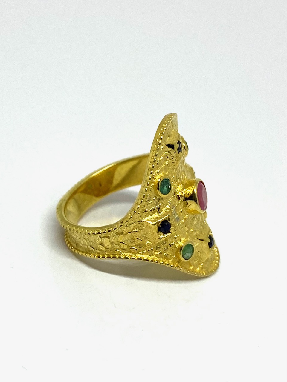 Ruby & Emerald Shield Ring in Gold-Polished Silver - Image 2