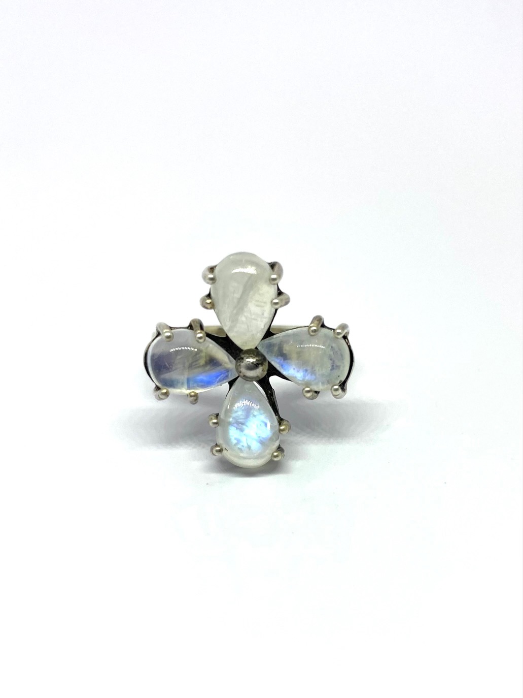 Pear Shape Moonstone Floral Ring in Sterling Silver
