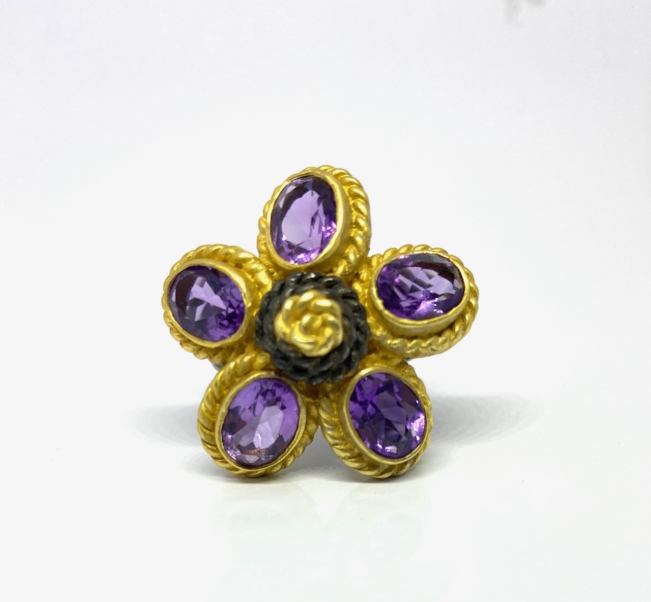 Floral Amethyst Statement Ring in Gold-Finished Silver