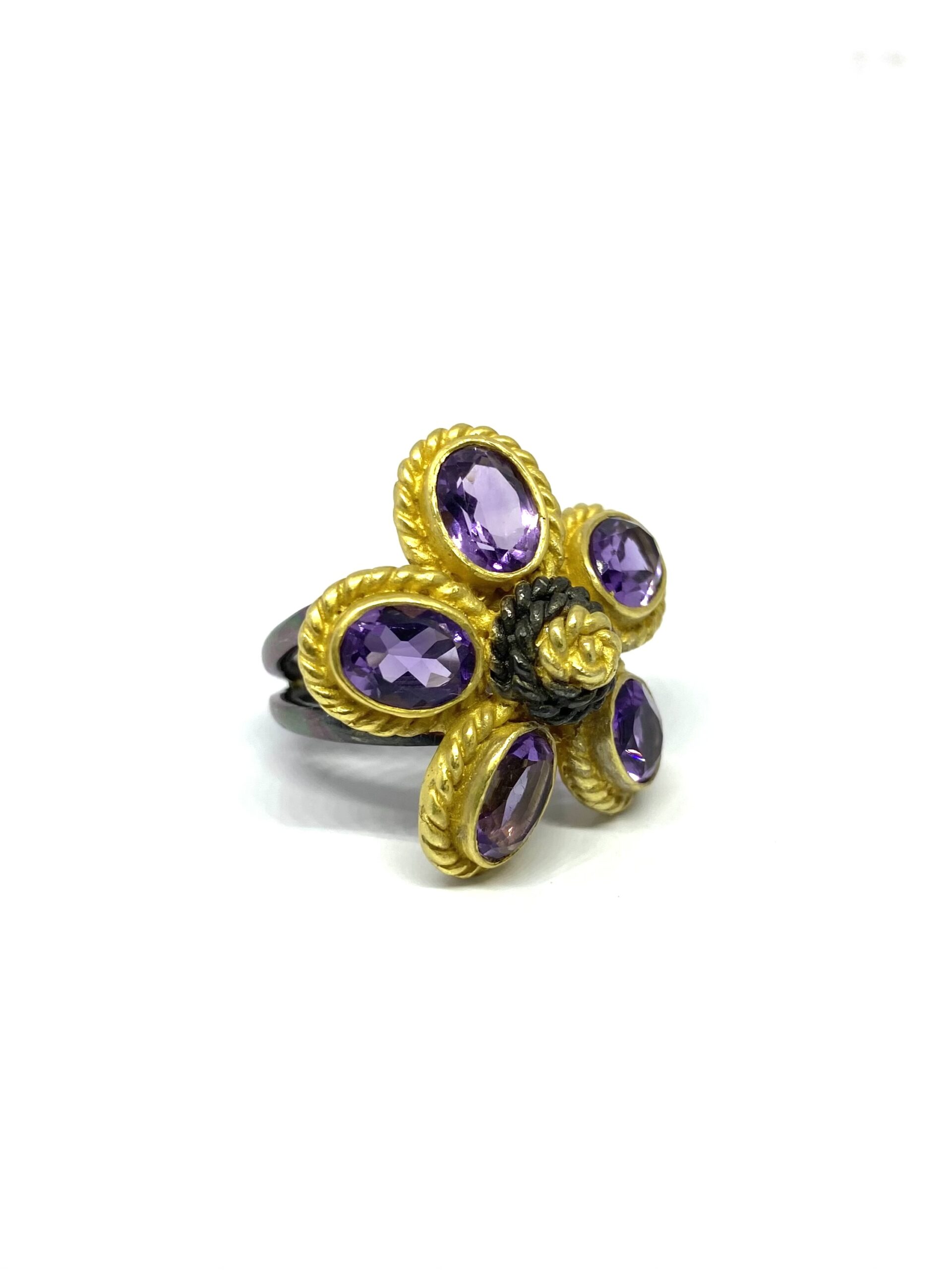 Floral Amethyst Statement Ring in Gold-Finished Silver - Image 4