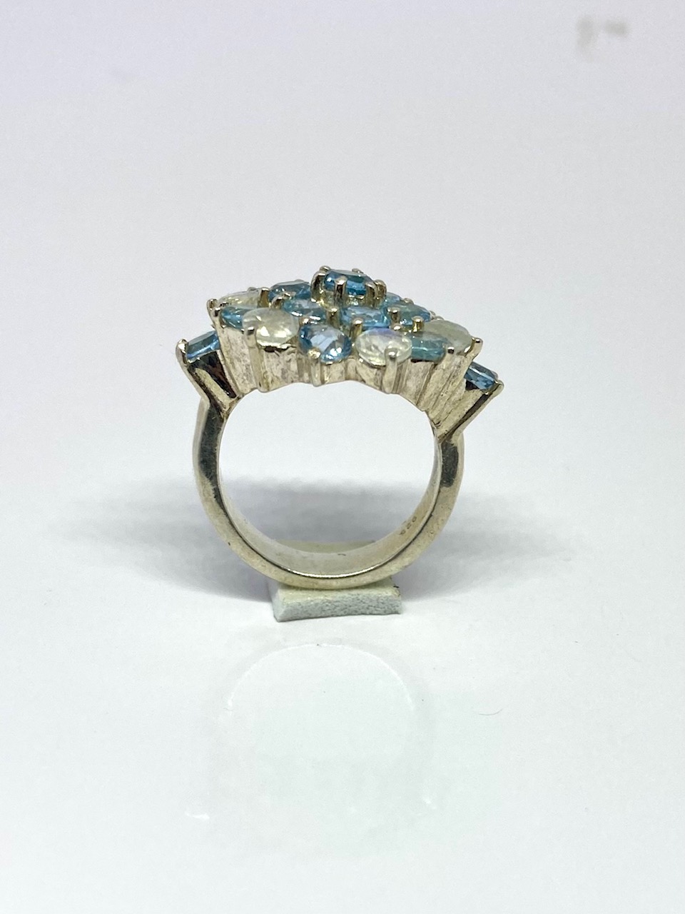 Blue Topaz and Rainbow Moonstone Cluster Ring - Image 3
