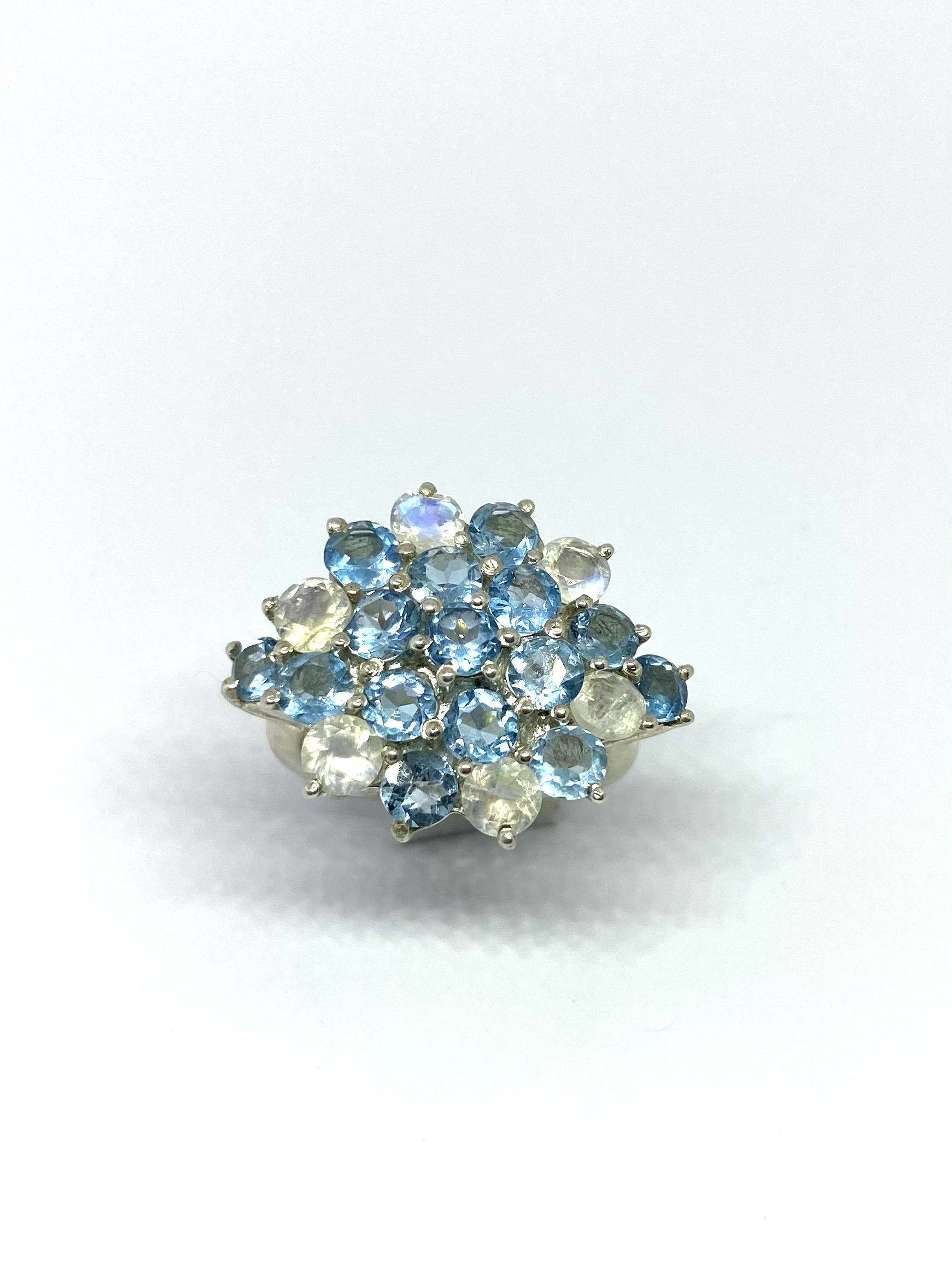 Blue Topaz and Rainbow Moonstone Cluster Ring
