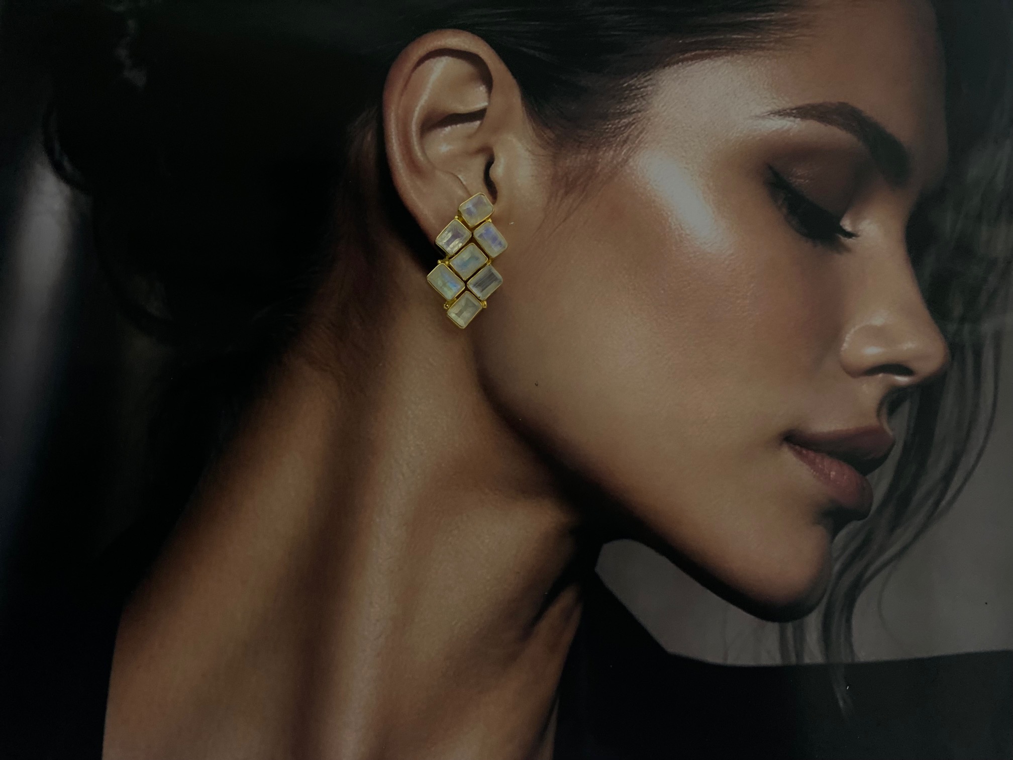 Lunar Glow Geometric Moonstone Earrings in Gold-Plated Silver