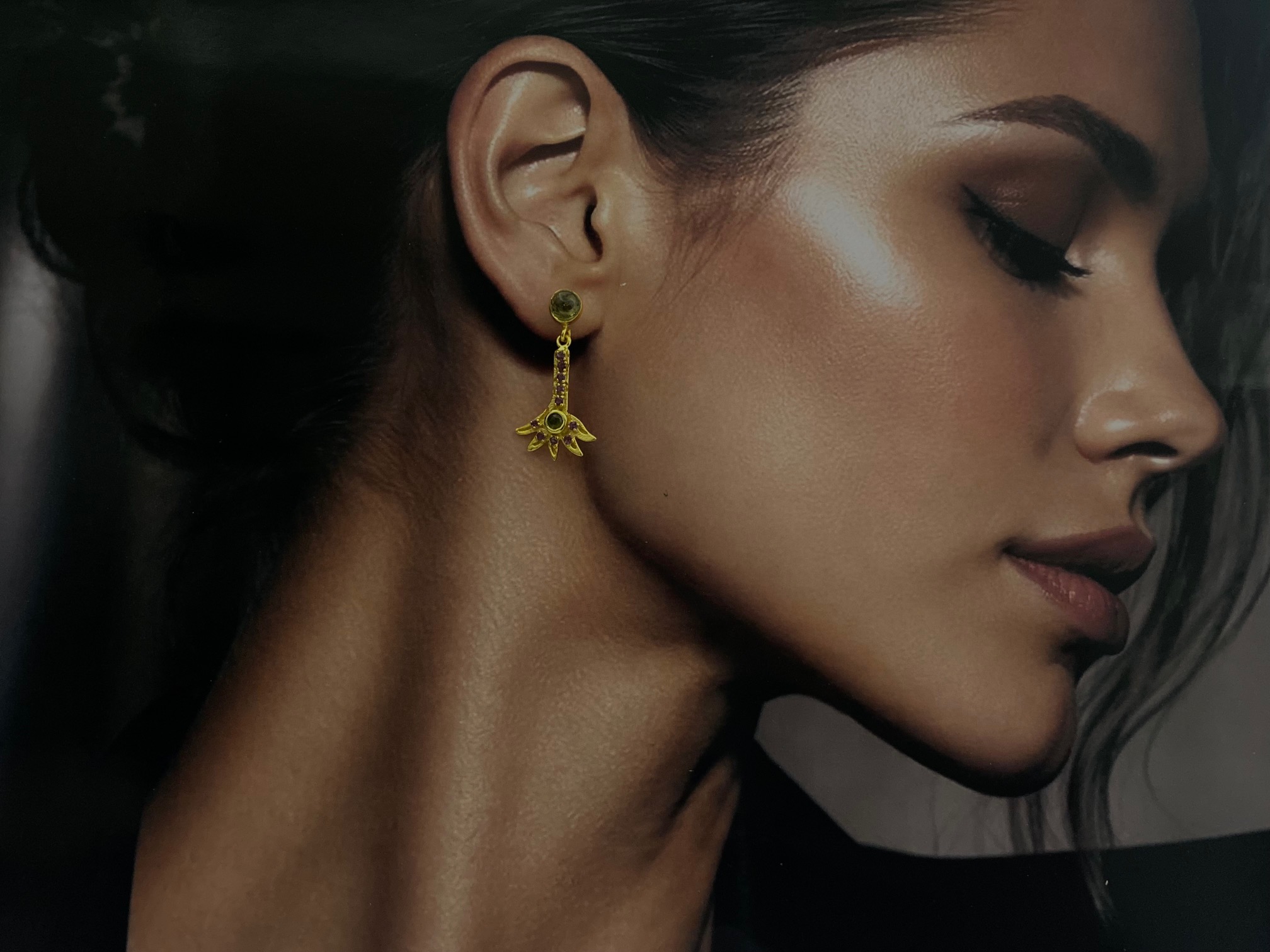 Natural Green & Pink Tourmaline Drop Earrings | Gold Plated