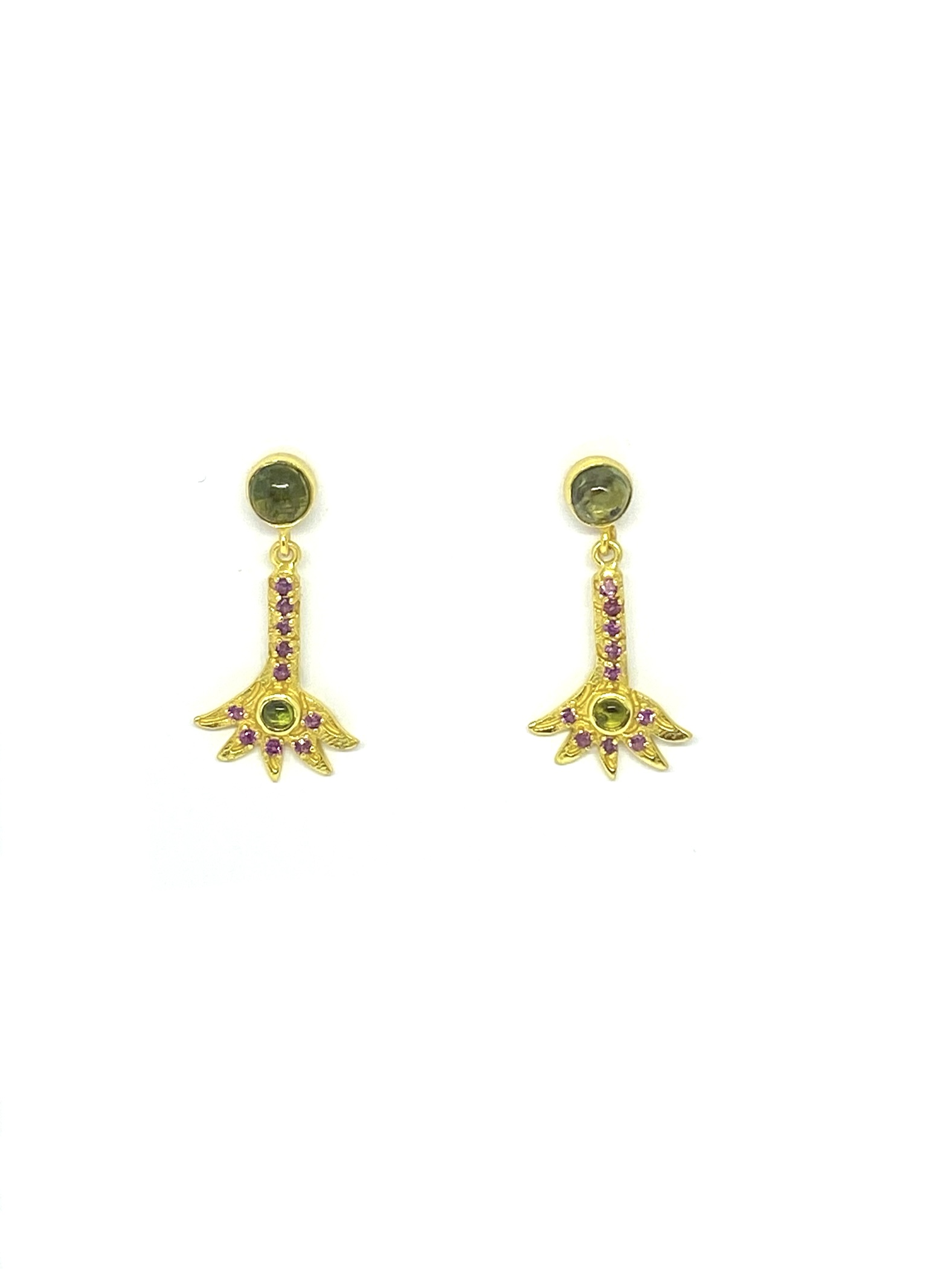 Natural Green & Pink Tourmaline Drop Earrings | Gold Plated - Image 2