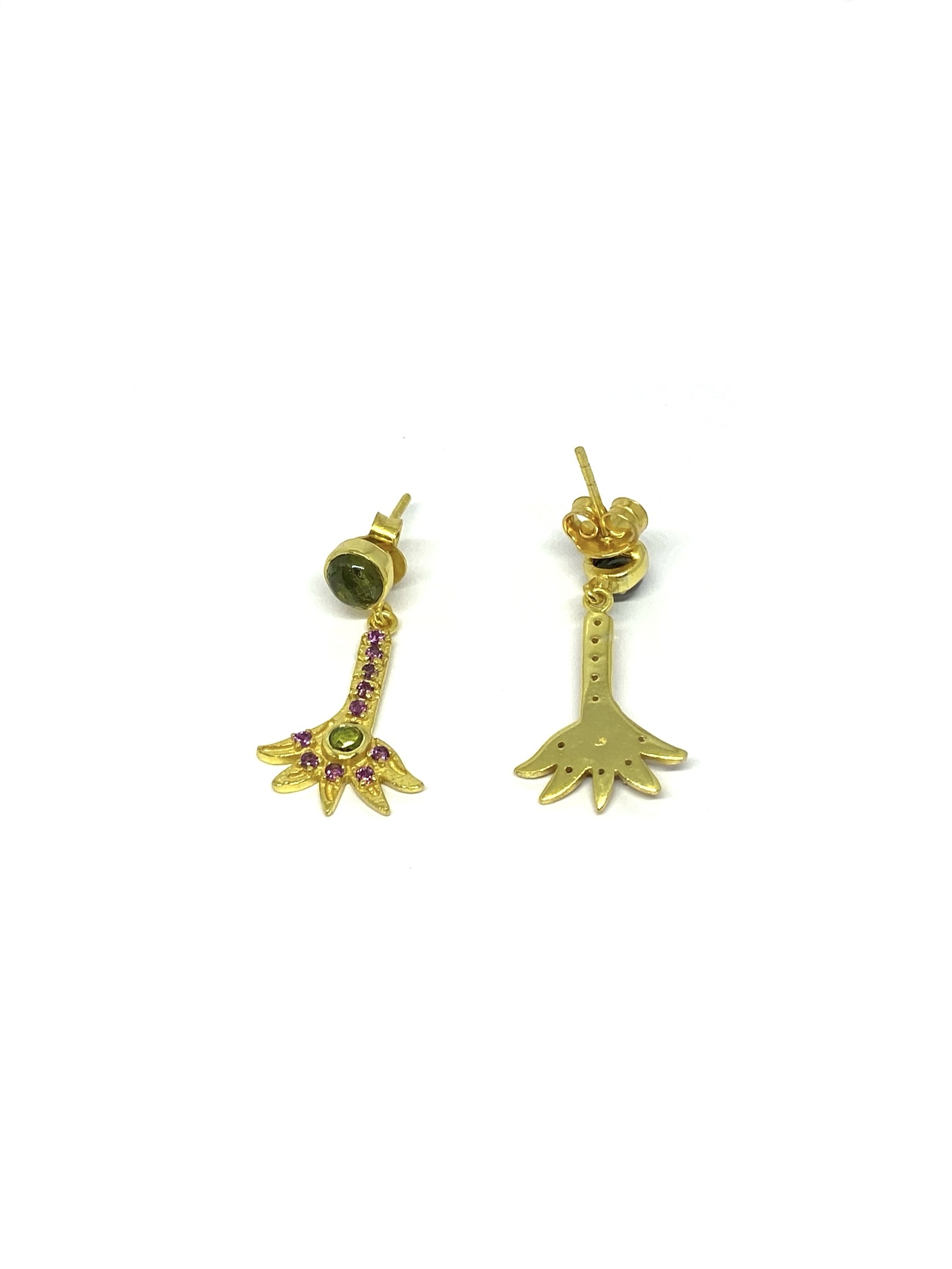 Natural Green & Pink Tourmaline Drop Earrings | Gold Plated - Image 3