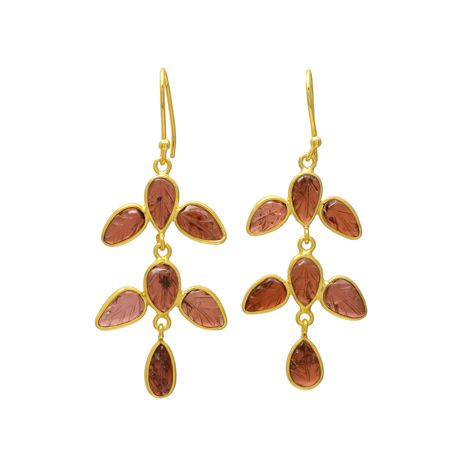 Cascading Carved Garnet Leaf Drop Earrings