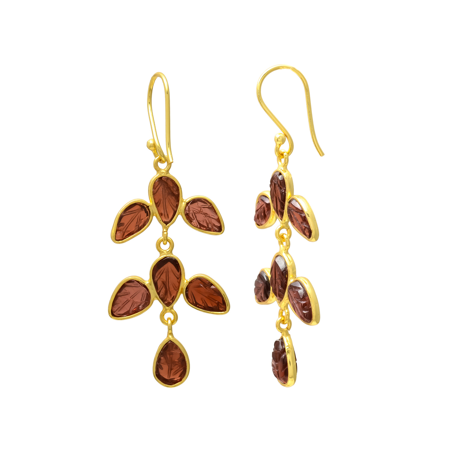 Cascading Carved Garnet Leaf Drop Earrings - Image 3