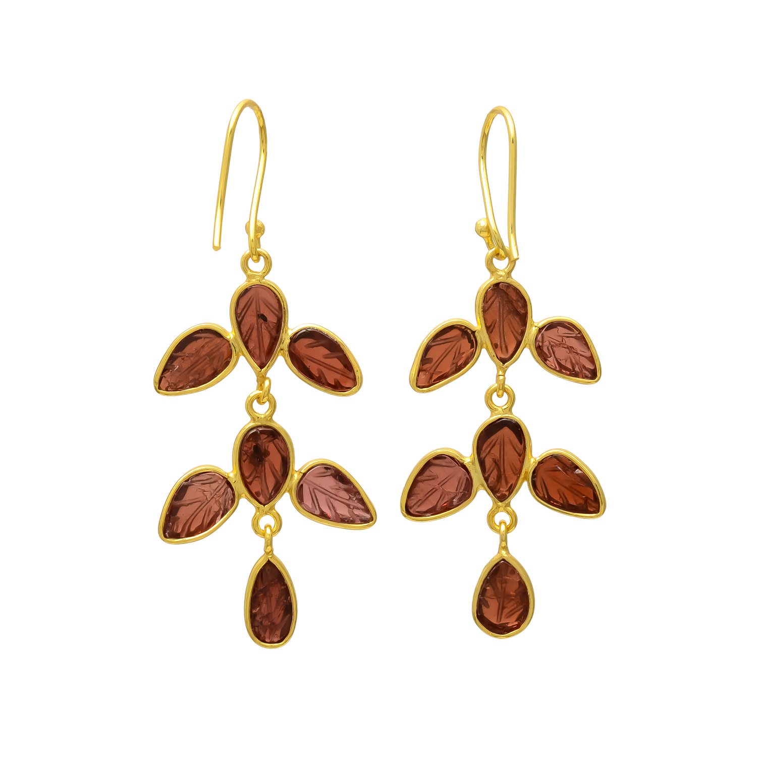 Cascading Carved Garnet Leaf Drop Earrings - Image 2