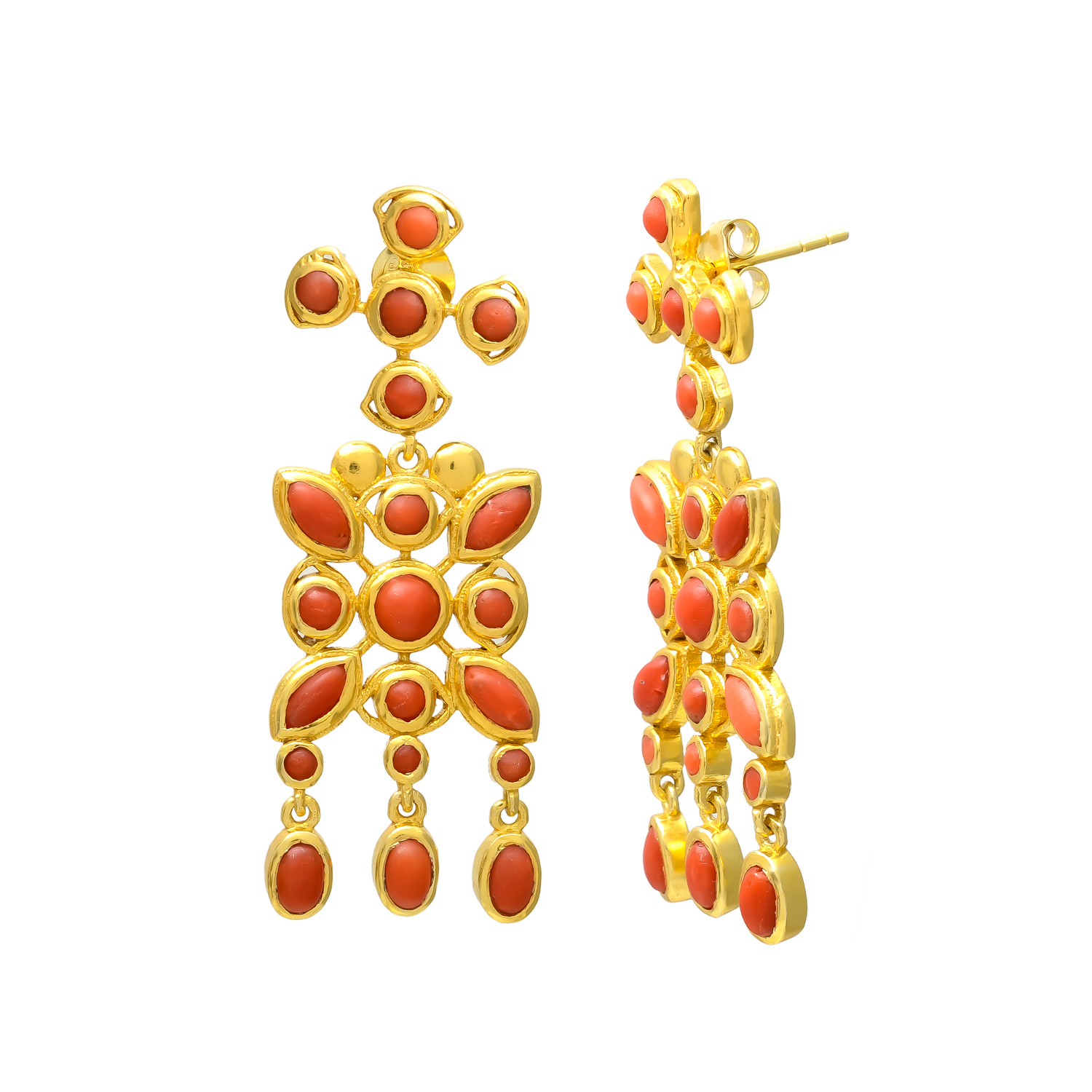 Radiant Red Coral Gold Polished Statement Earrings - Image 2