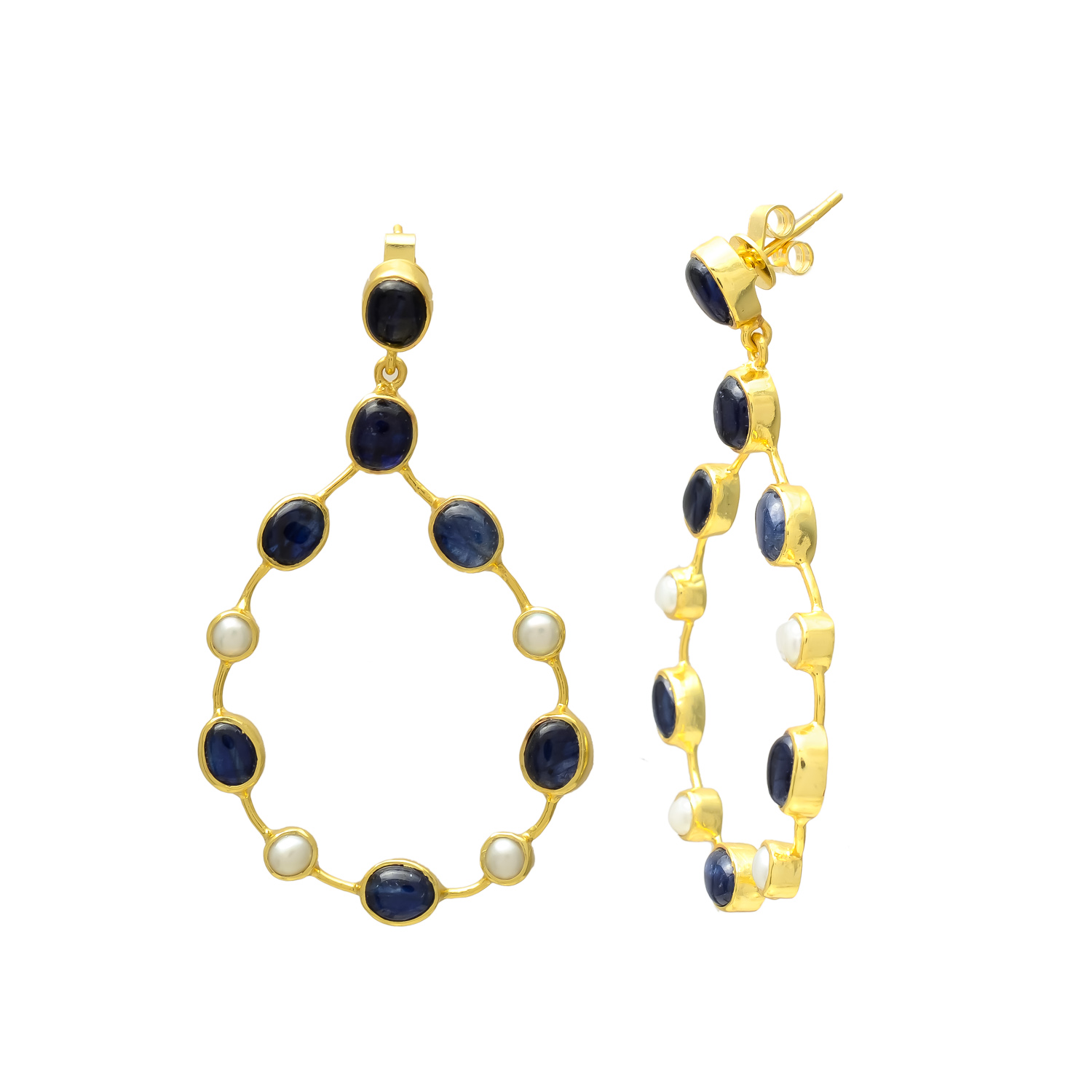 Sapphire & Pearl Teardrop Hoop Earrings in Gold-Polished Silver - Image 4