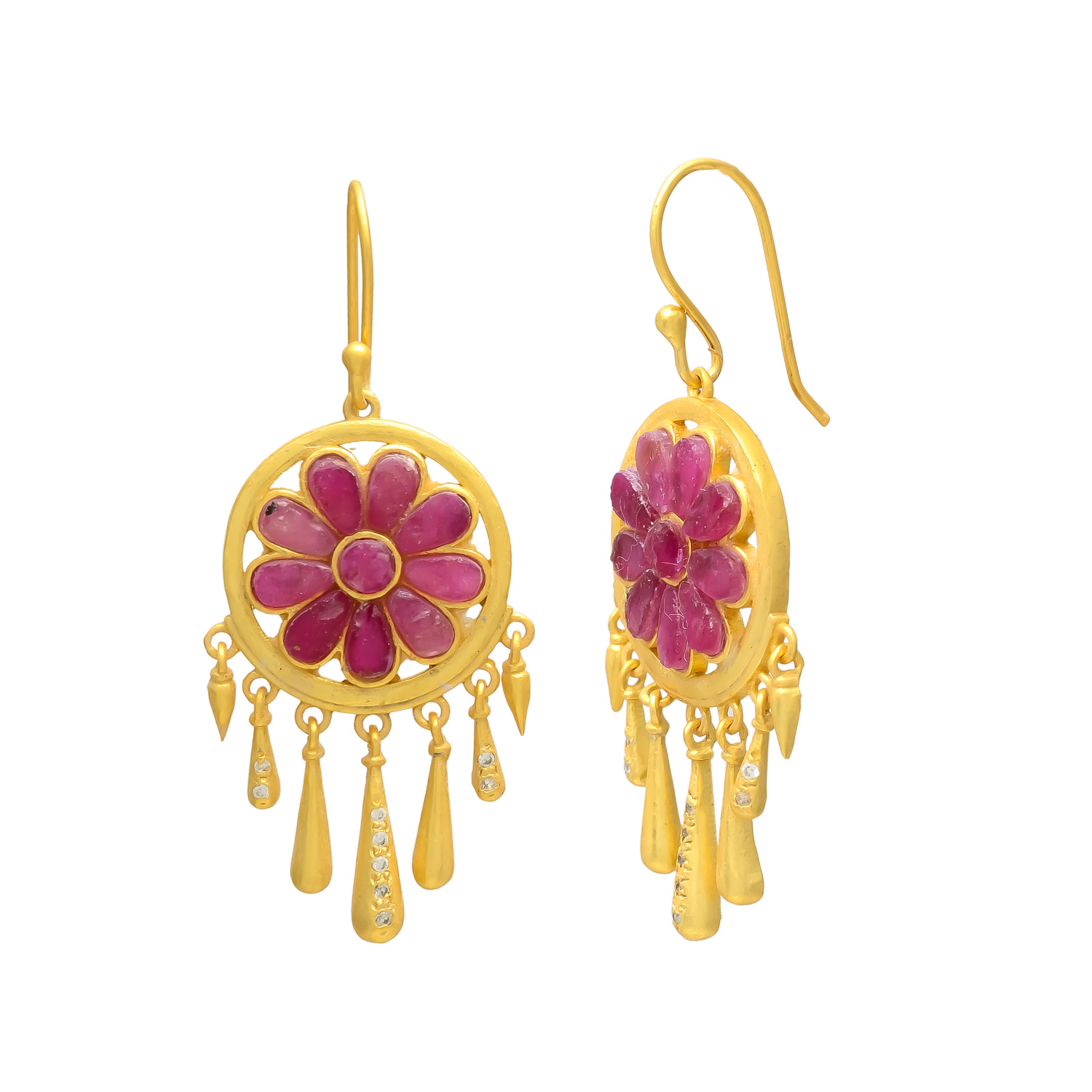 Ruby Blossom Gold Polished Dangle Earrings - Image 2