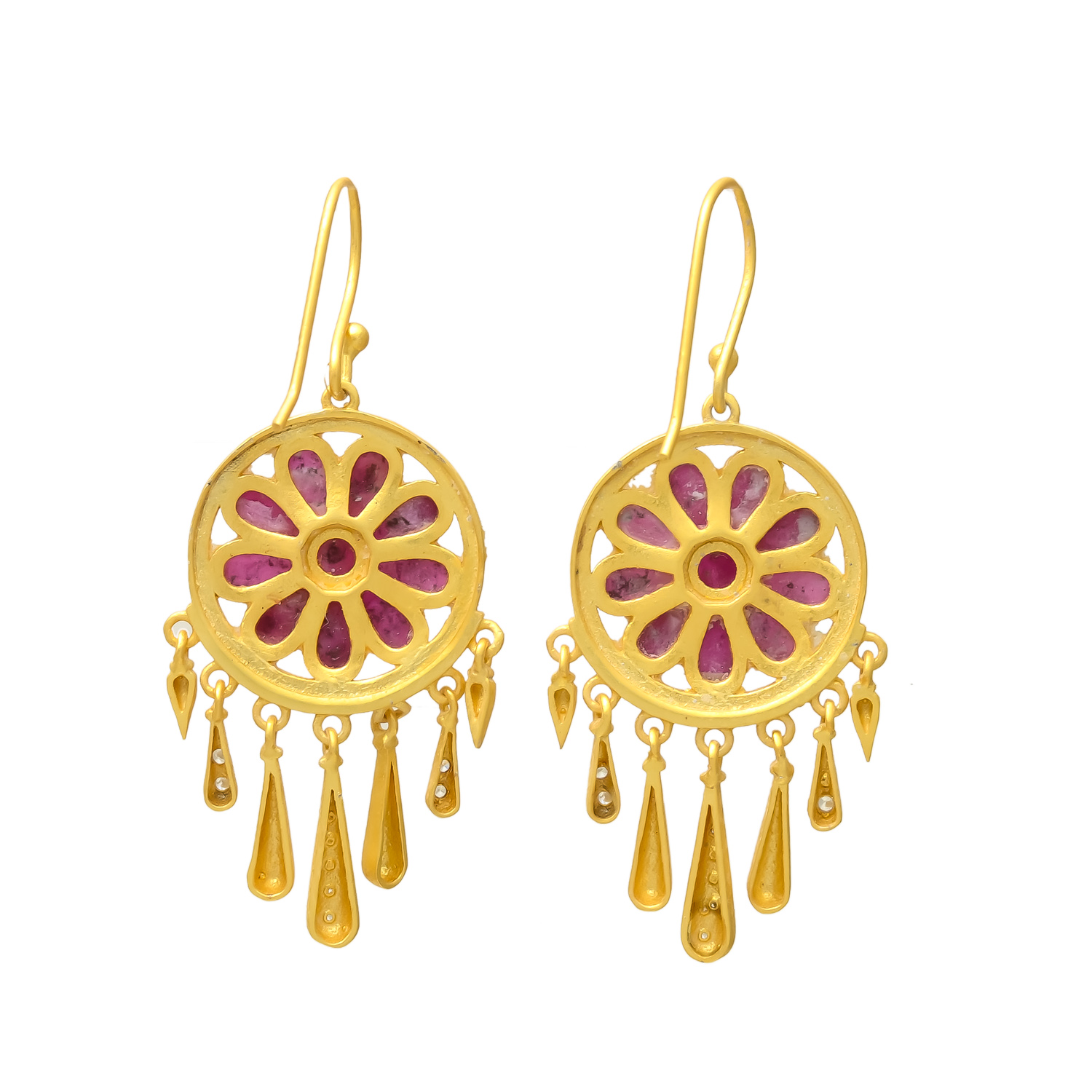 Ruby Blossom Gold Polished Dangle Earrings - Image 3