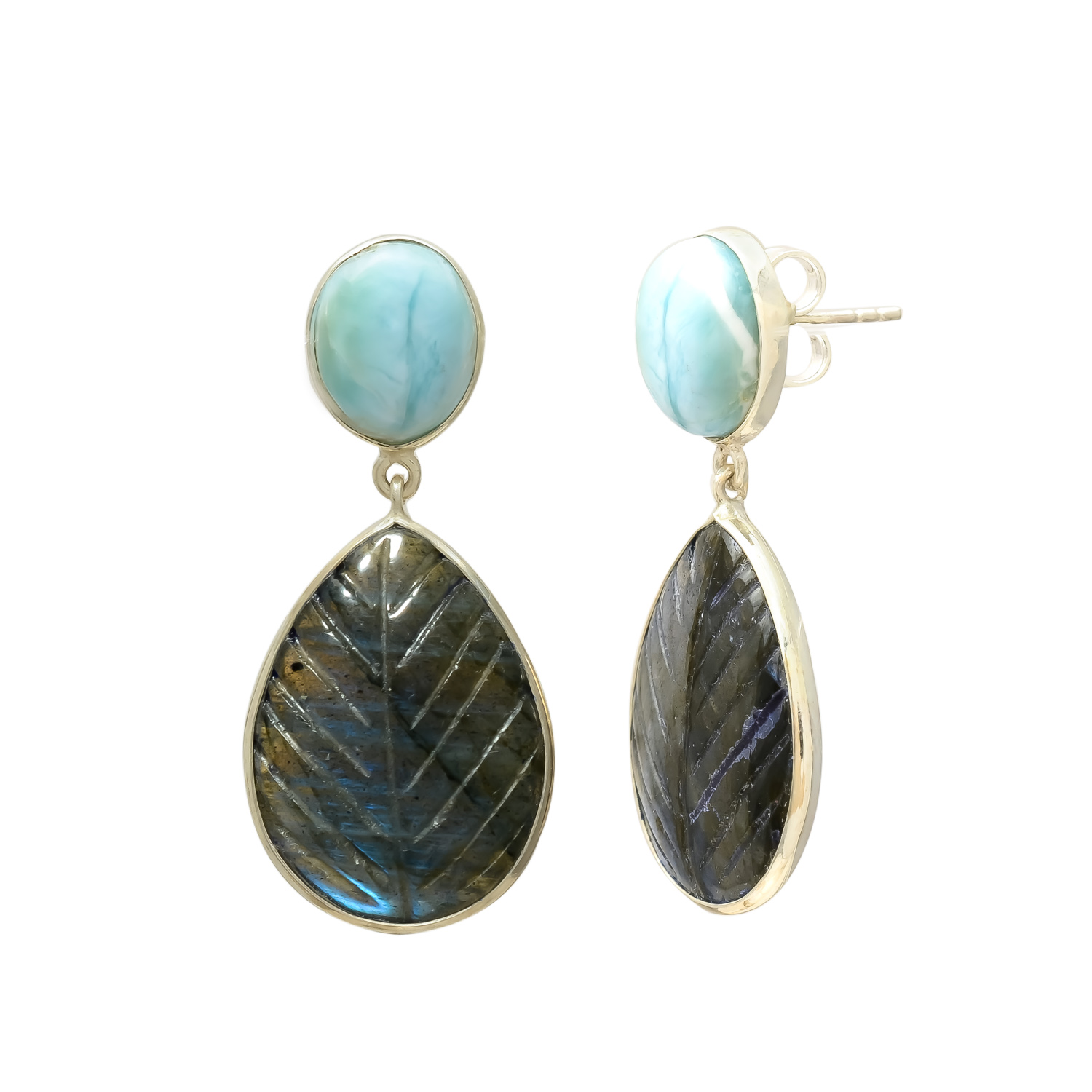 Elegant Larimar & Labradorite Leaf Drop Earrings - Image 2