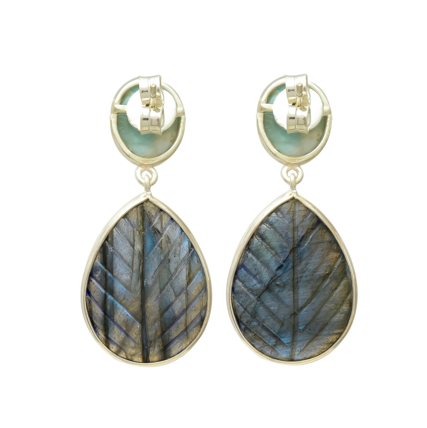 Elegant Larimar & Labradorite Leaf Drop Earrings - Image 3