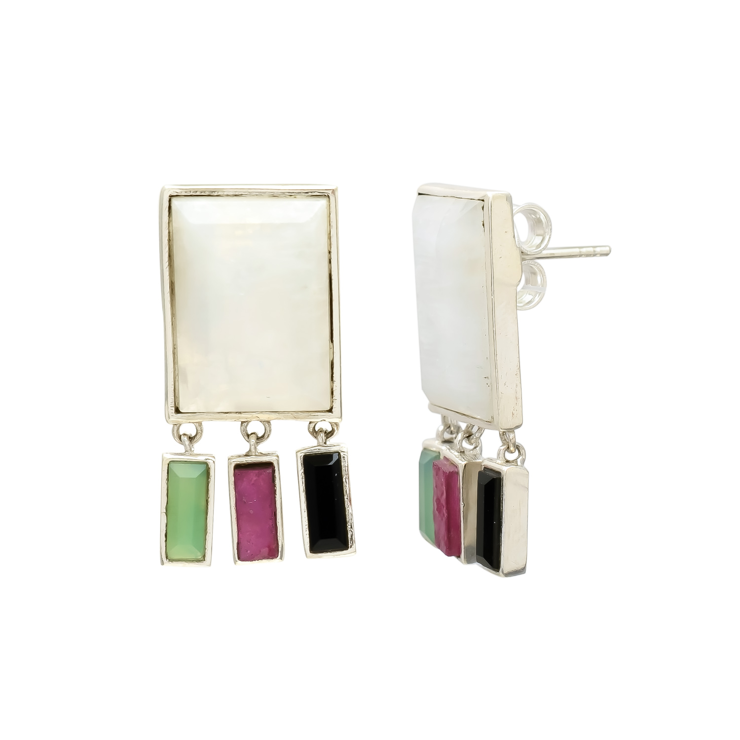 Rainbow Moonstone, Onyx & Glass Filled Ruby Earrings - Image 2