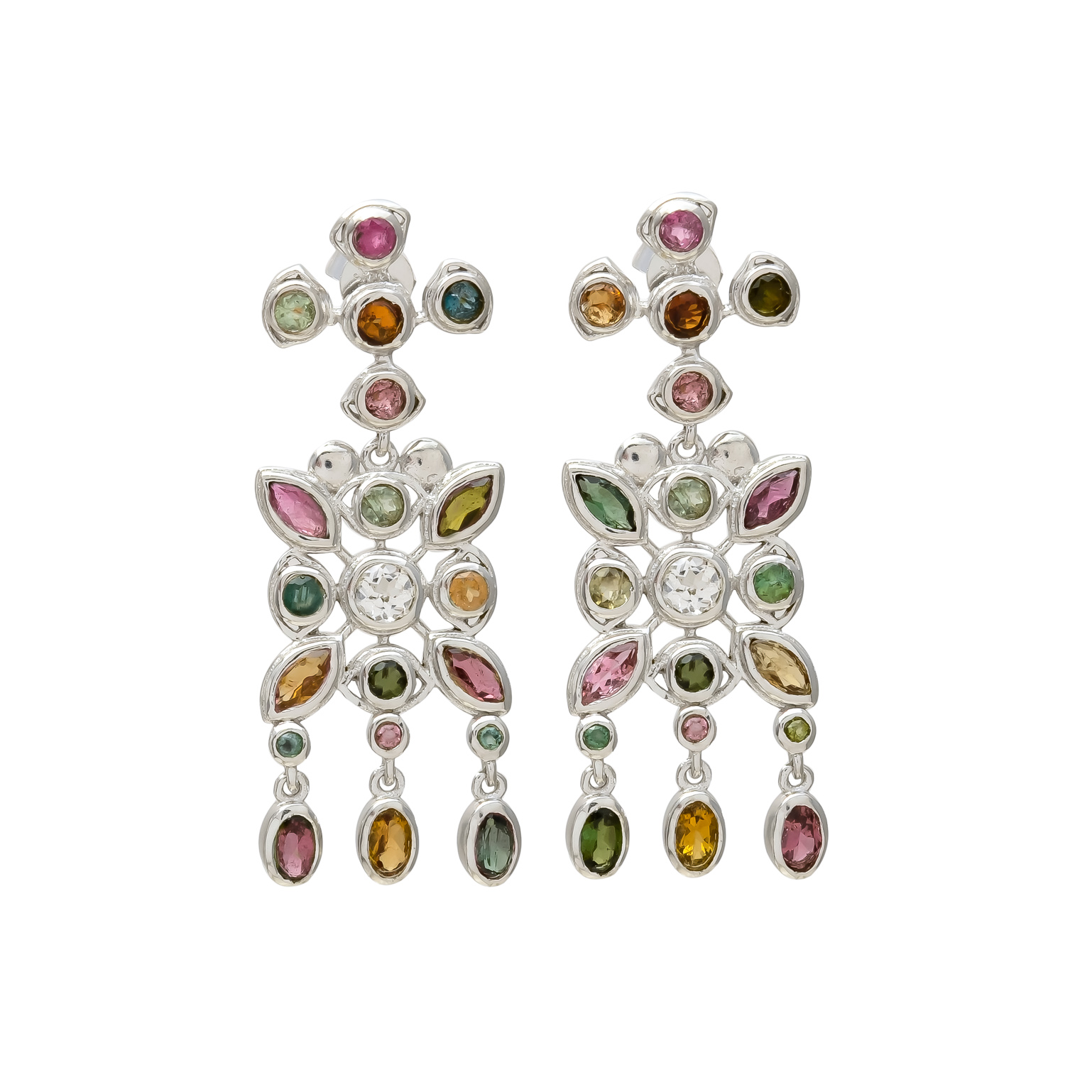 Vibrant Multi-Gemstone Floral Dangle Earrings in Sterling Silver