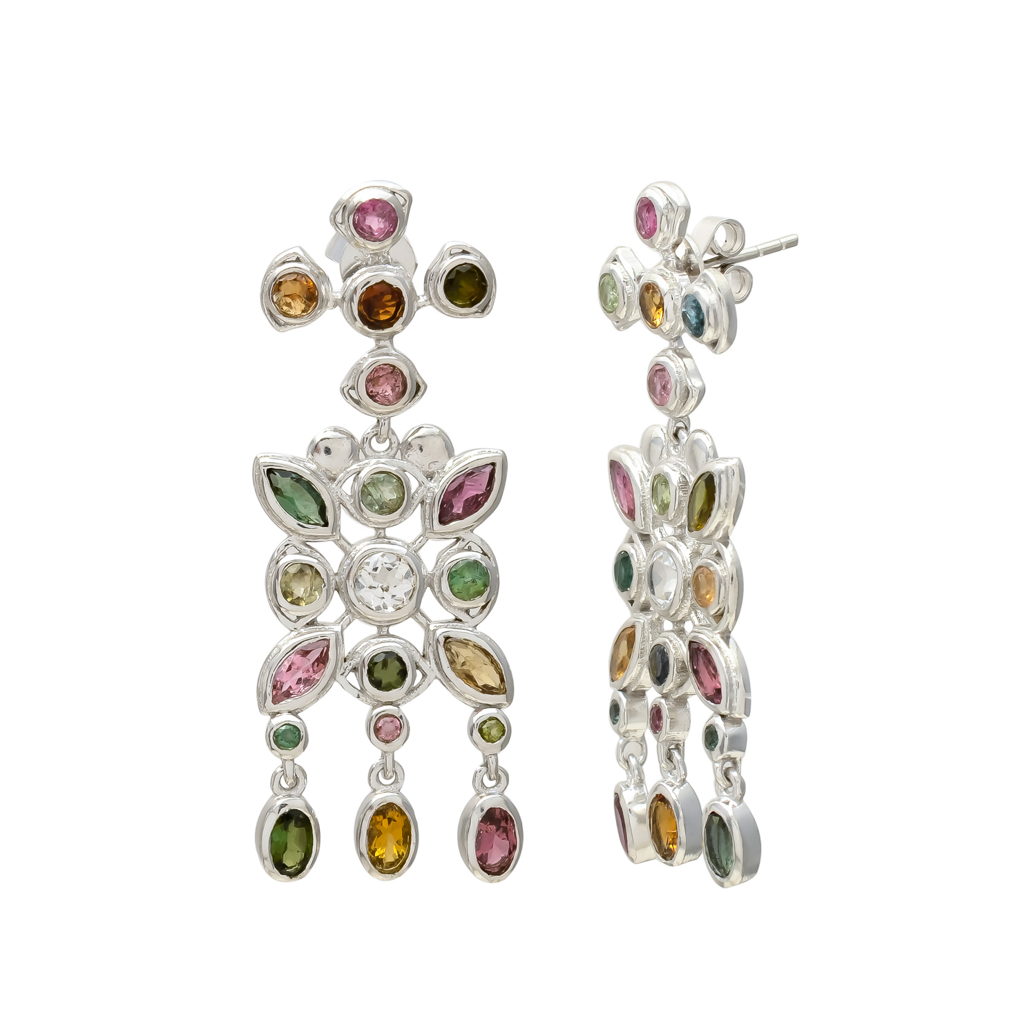 Vibrant Multi-Gemstone Floral Dangle Earrings in Sterling Silver - Image 3