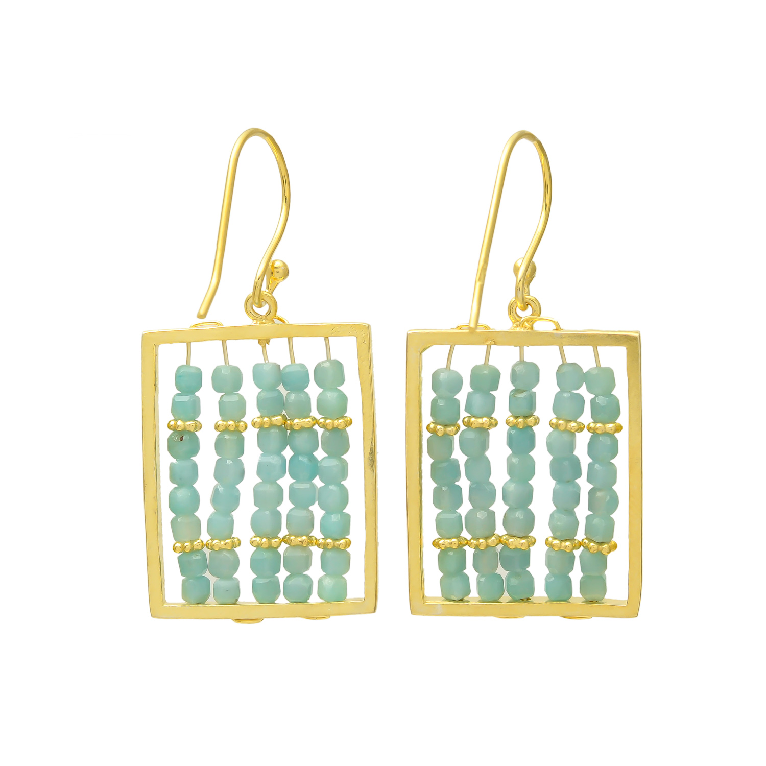 Amazonite Beaded Frame Drop Earrings in Gold Finish