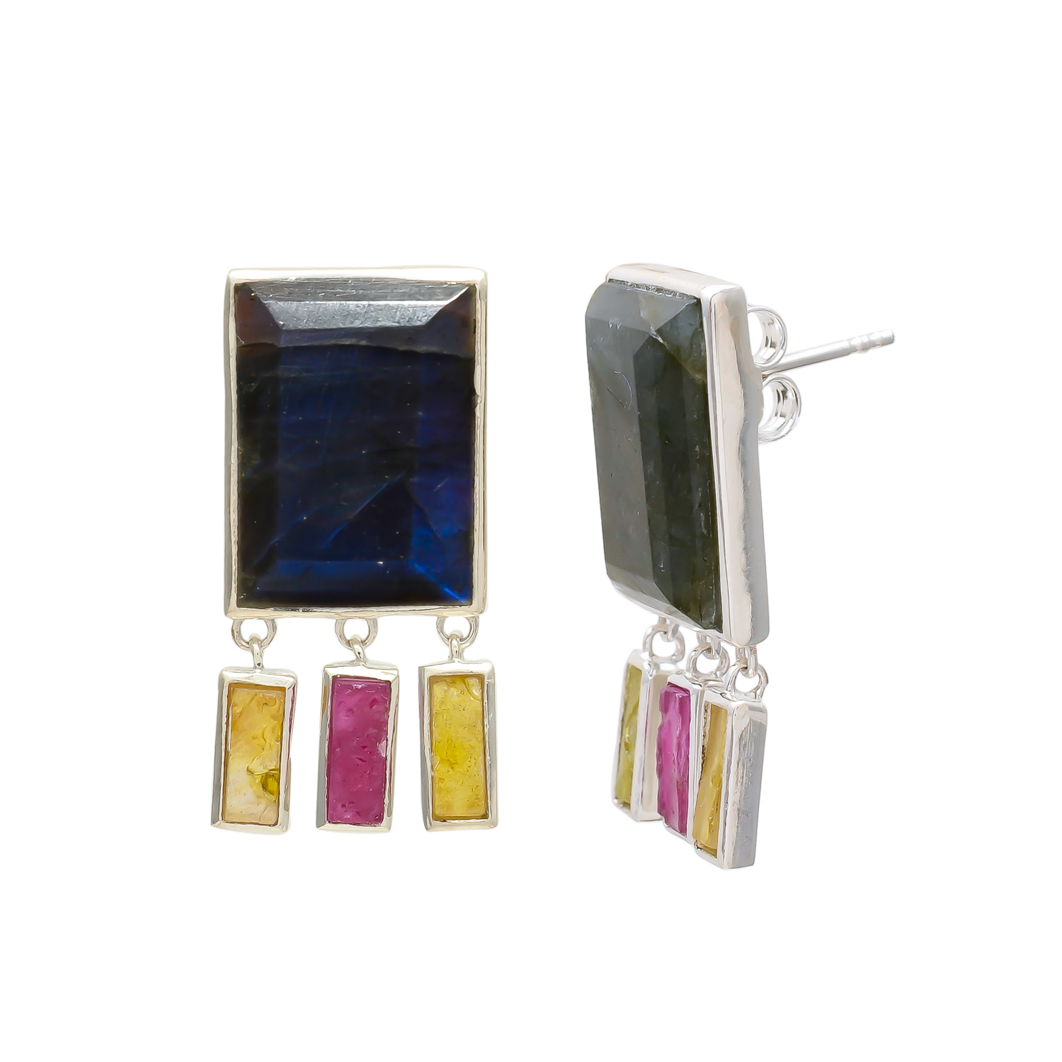 Labradorite Statement Earrings with Multicolor Gemstone Drops - Image 3