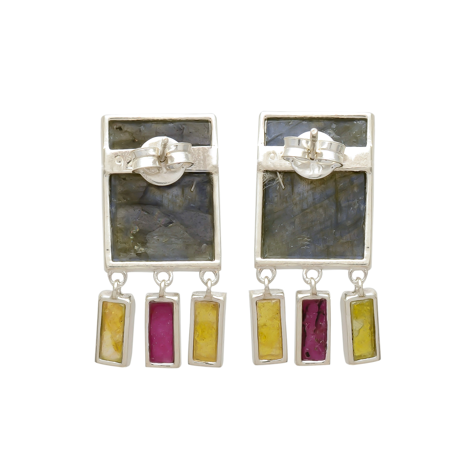Labradorite Statement Earrings with Multicolor Gemstone Drops - Image 4