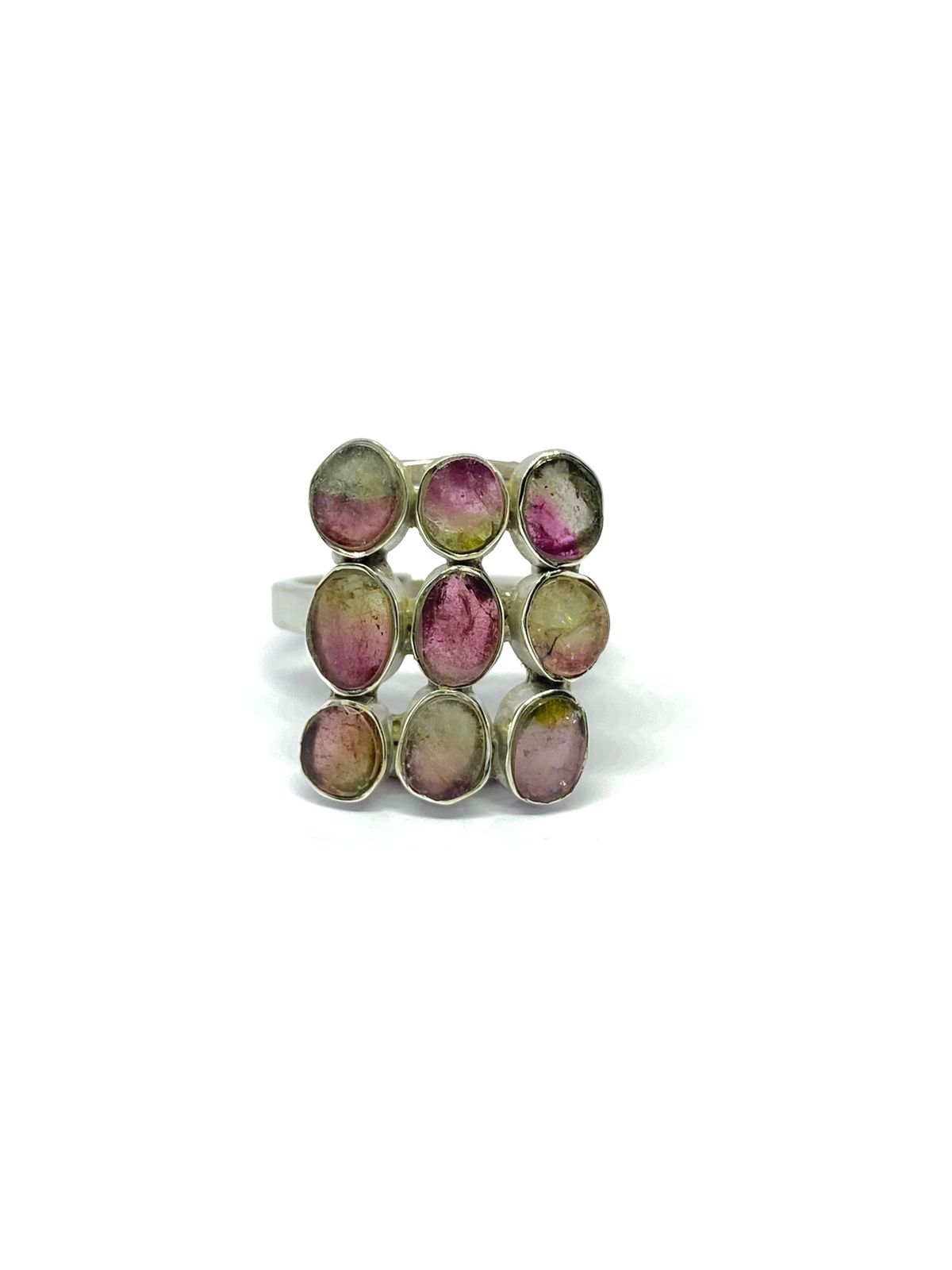 Elegant Multi-Stone Watermelon Tourmaline Silver Ring
