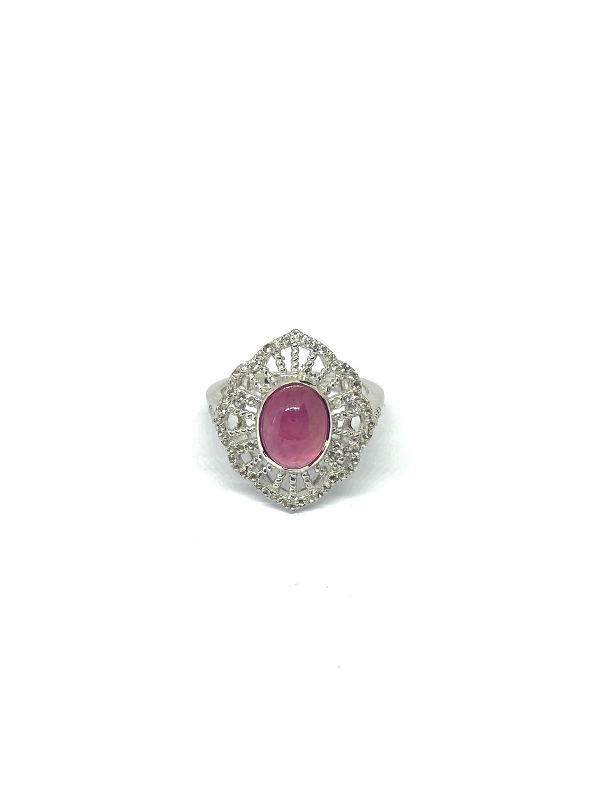 Pink Glass-Filled Cabochon Stone with Ornate Filigree Design