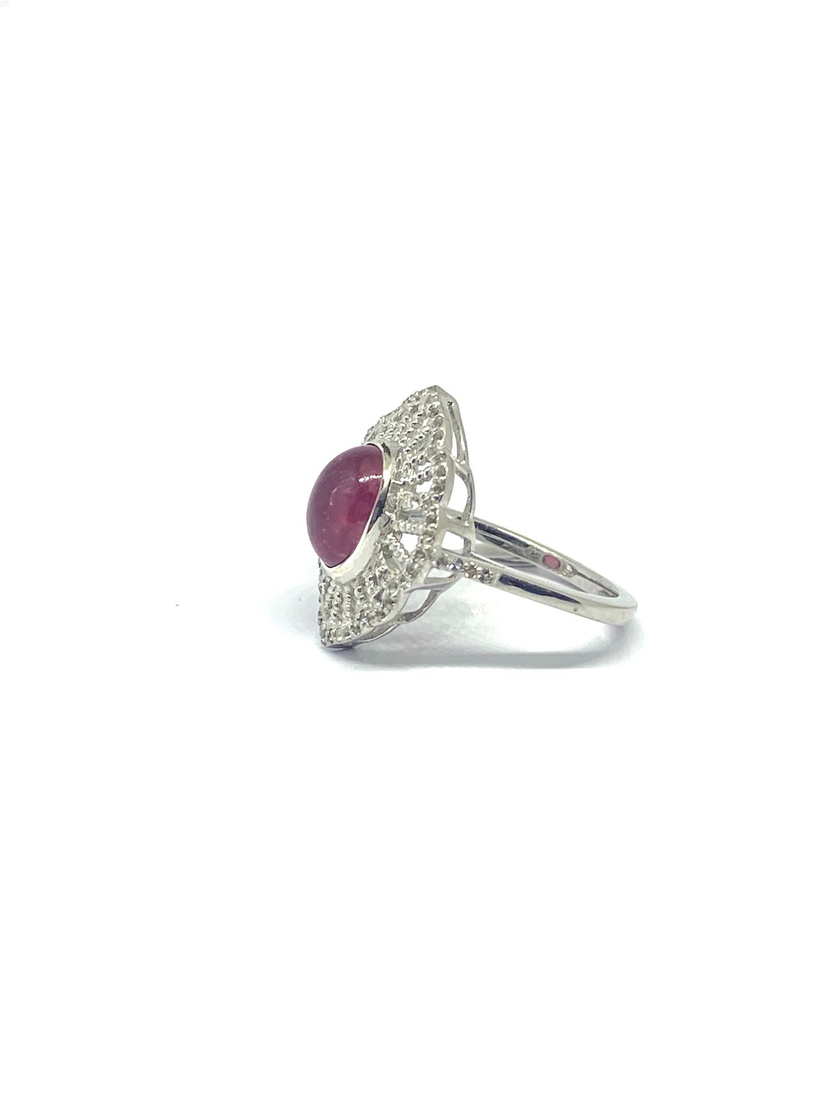 Pink Glass-Filled Cabochon Stone with Ornate Filigree Design - Image 2
