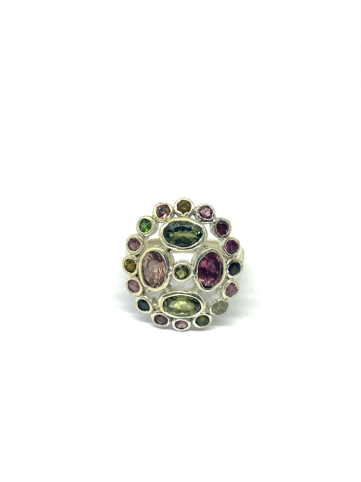 Multi-Color Tourmaline Ring with Circular Cluster Design