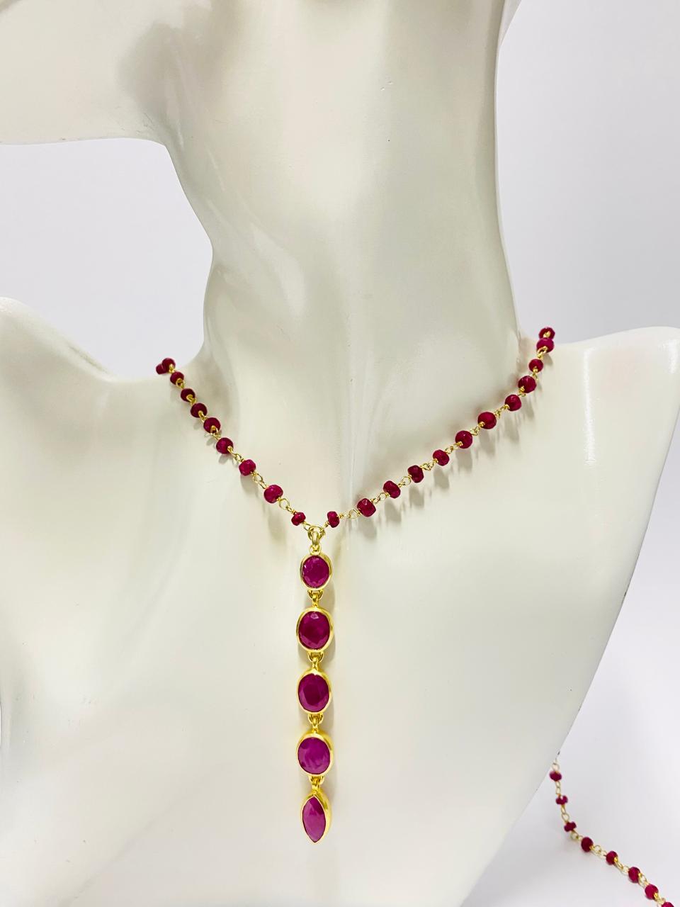 Dyed Ruby Beaded Necklace in 92.5 Sterling Silver with Gold Polish