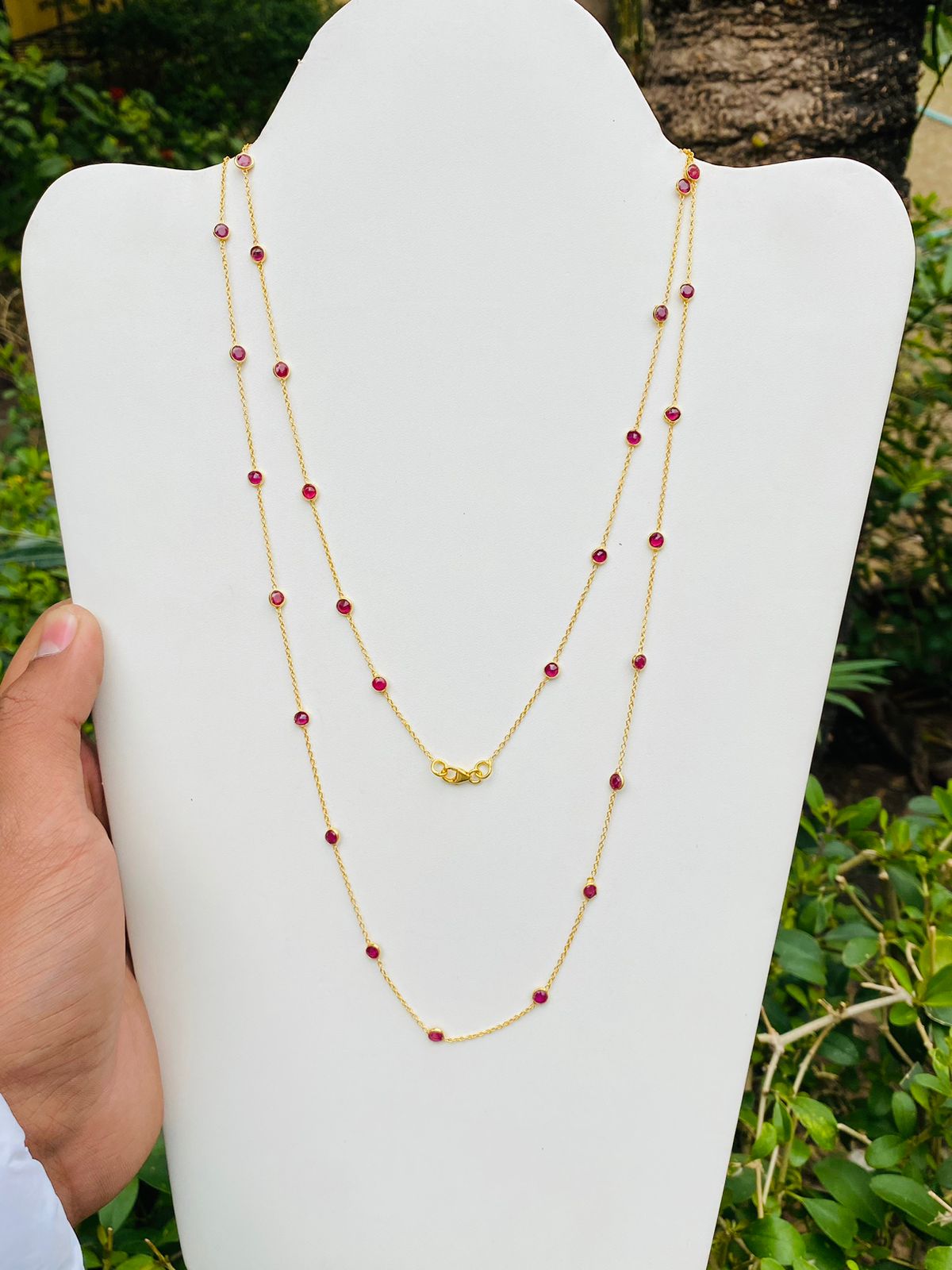 Elegant Pink Tourmaline Station Necklace in Gold Finish