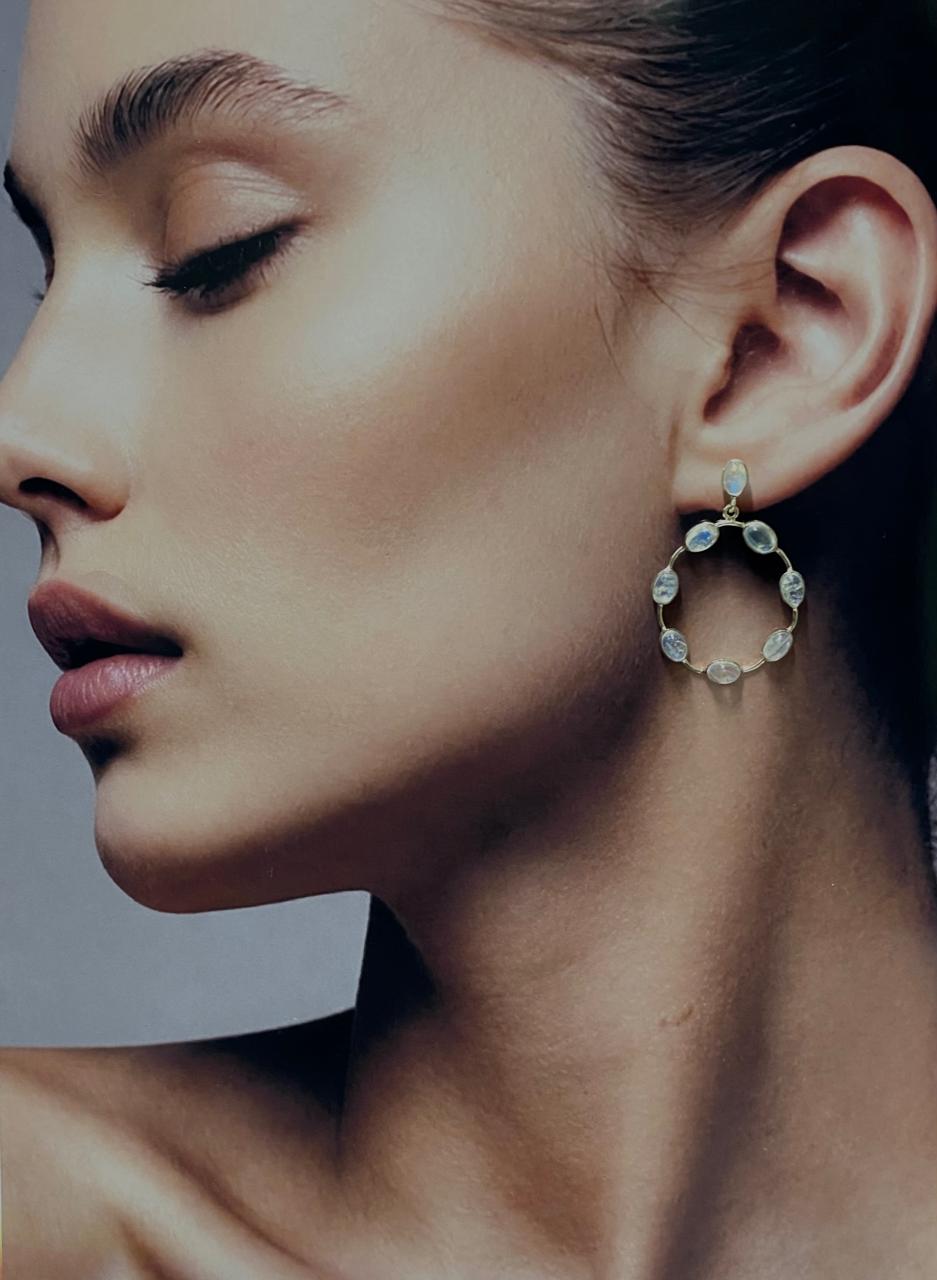 Moonstone Cabochon Oval Hoop Earrings in Silver