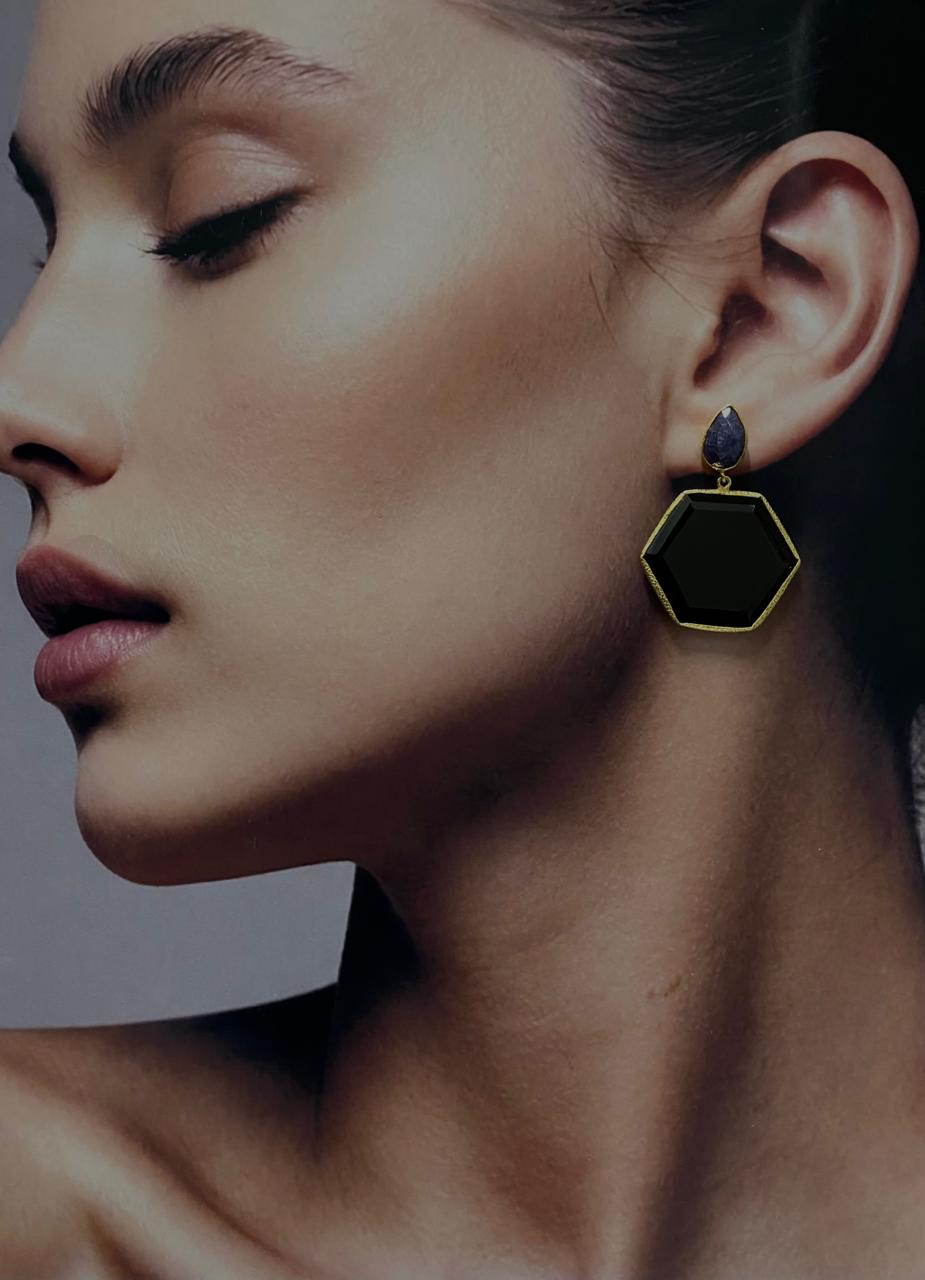 Black Onyx Hexagon Drop Earrings with Blue Sapphire Studs