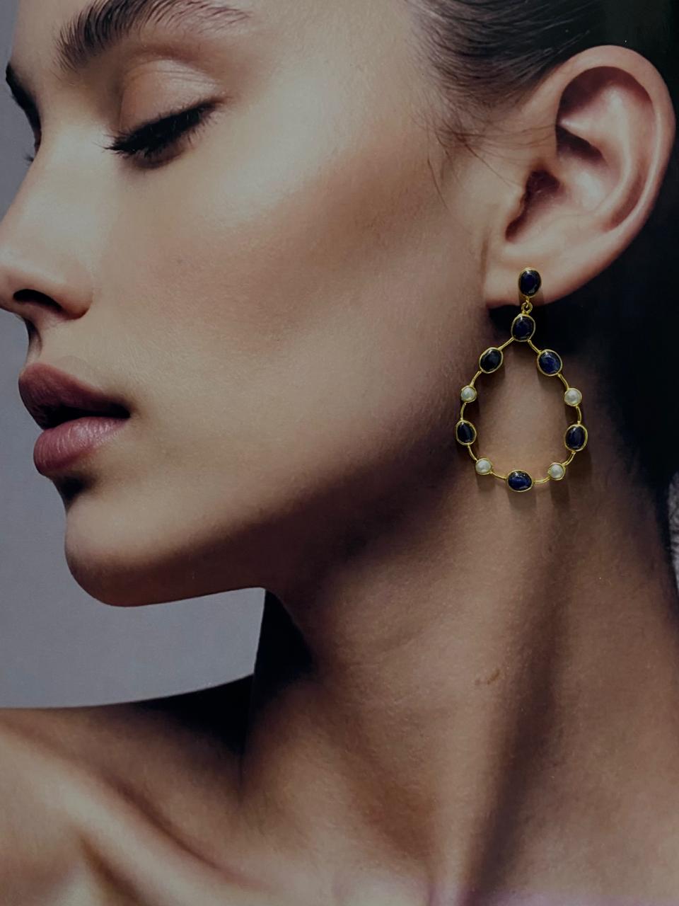 Sapphire & Pearl Teardrop Hoop Earrings in Gold-Polished Silver