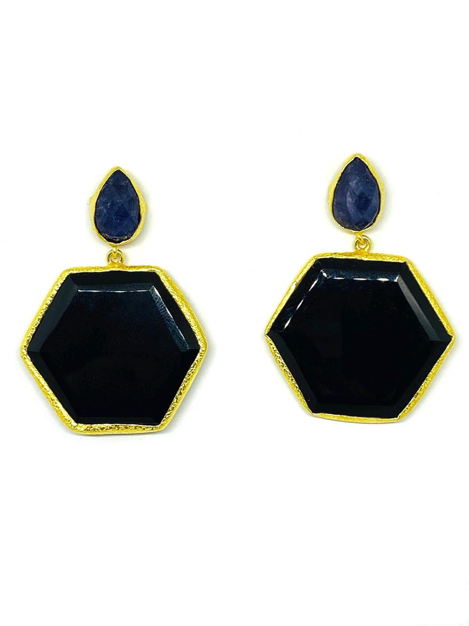 Black Onyx Hexagon Drop Earrings with Blue Sapphire Studs - Image 2