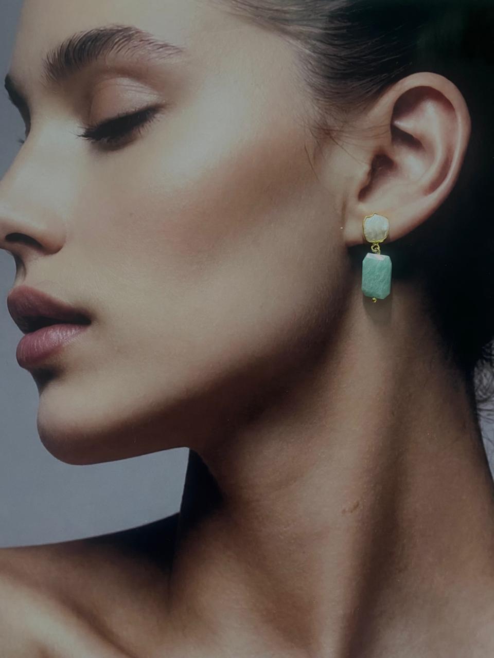 Pearl & Amazonite Gold Drop Earrings