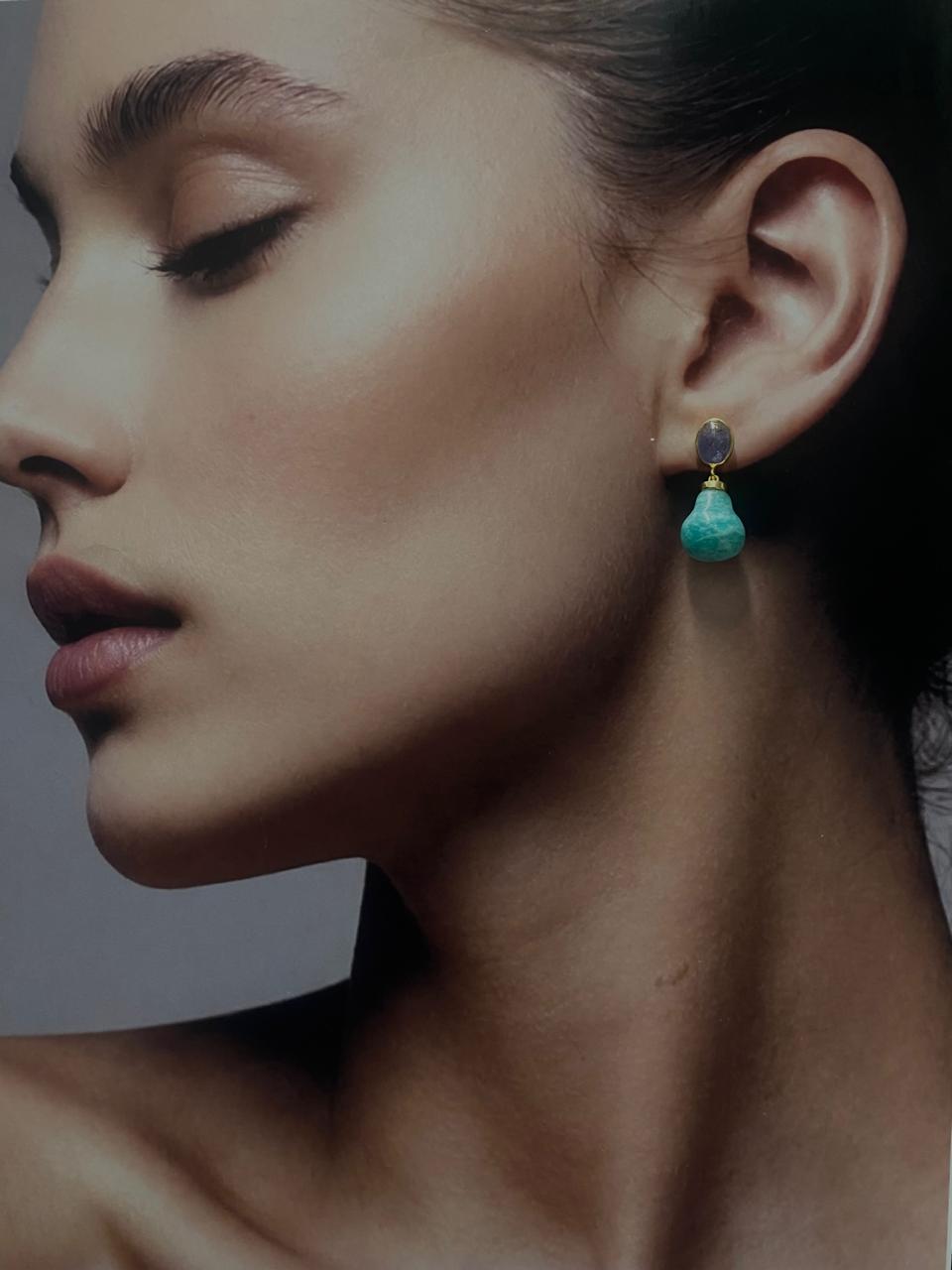 Tanzanite & Amazonite Drop Earrings in Gold-Polished Silver