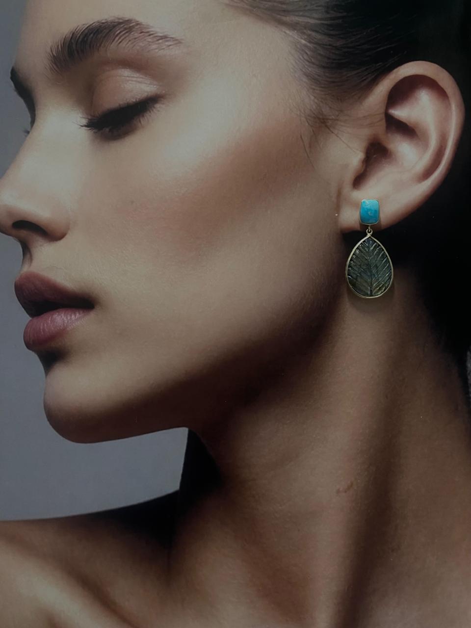 Labradorite Leaf Drop & Turquoise Earrings