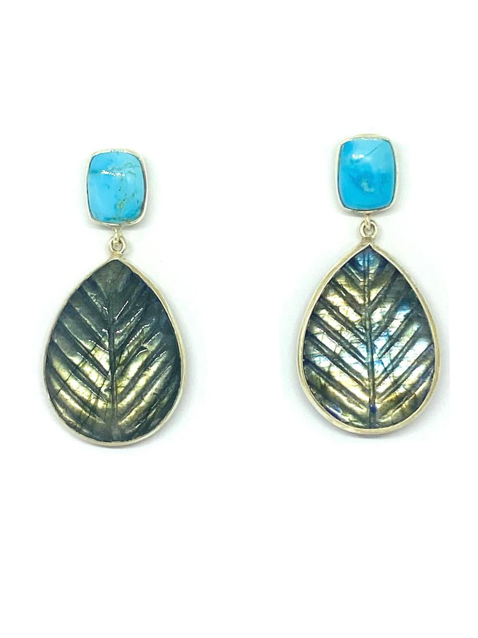 Labradorite Leaf Drop & Turquoise Earrings - Image 2