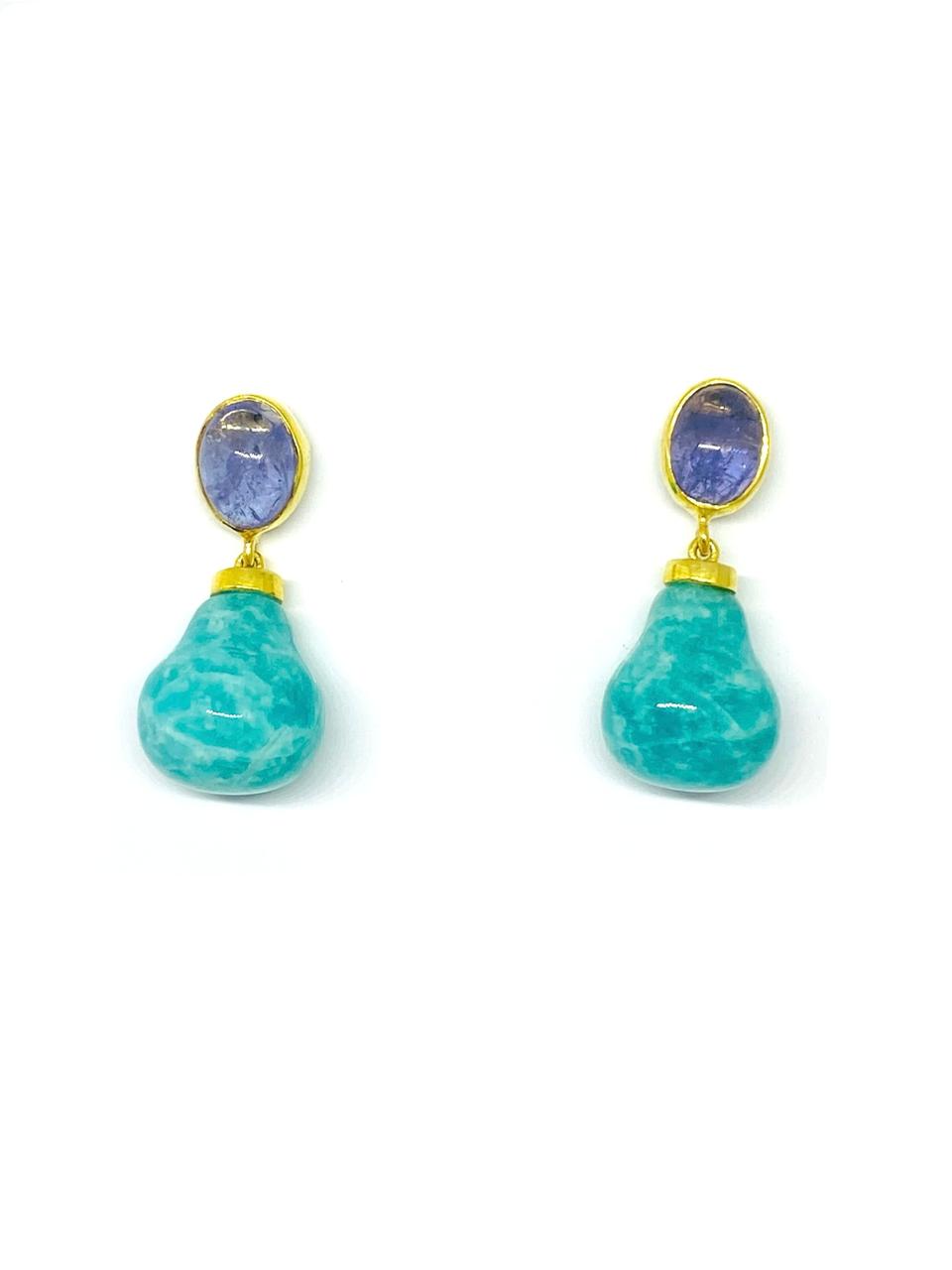 Tanzanite & Amazonite Drop Earrings in Gold-Polished Silver - Image 2