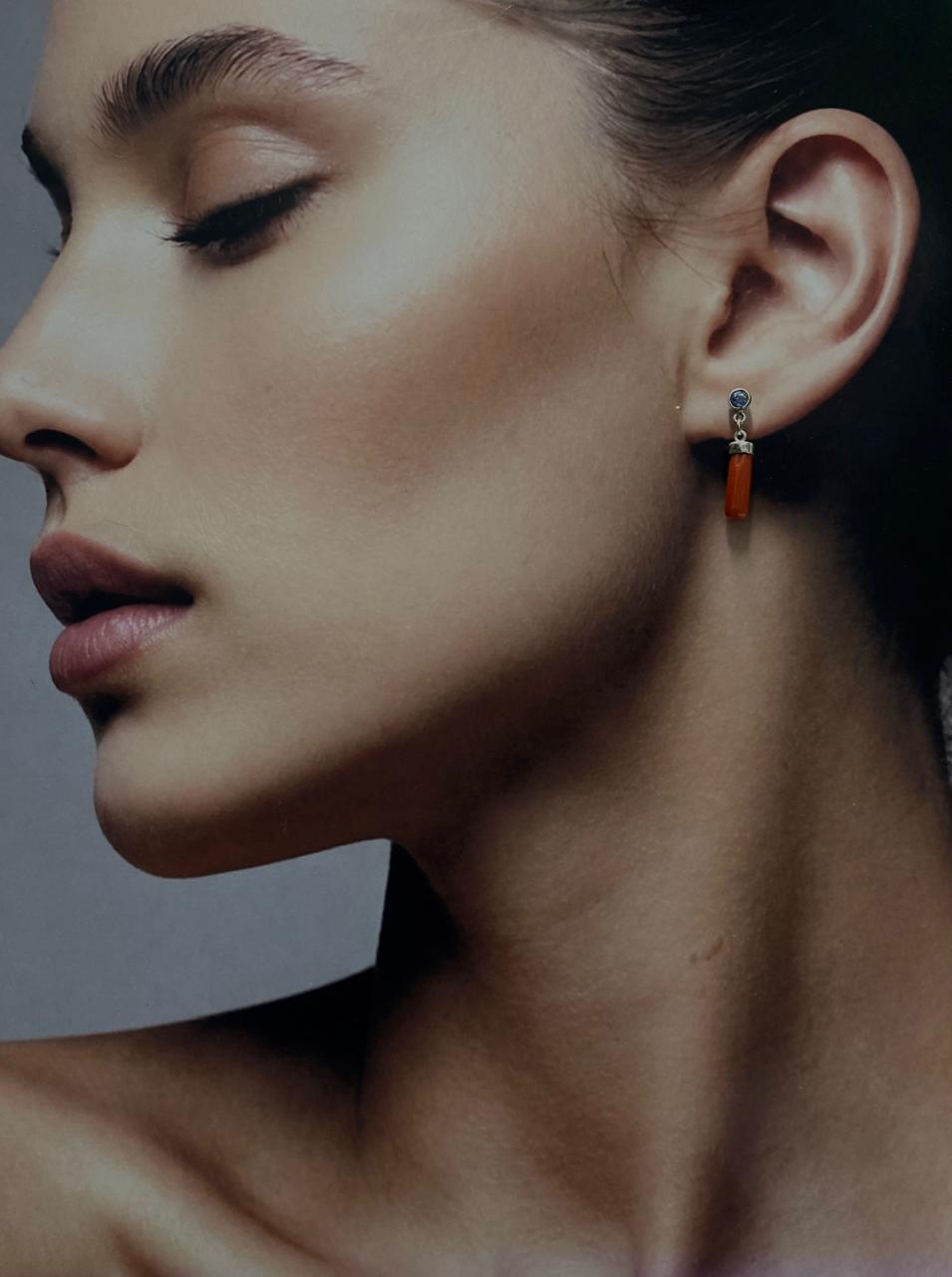 Coral and Iolite Drop Earrings in 92.5 Sterling Silver